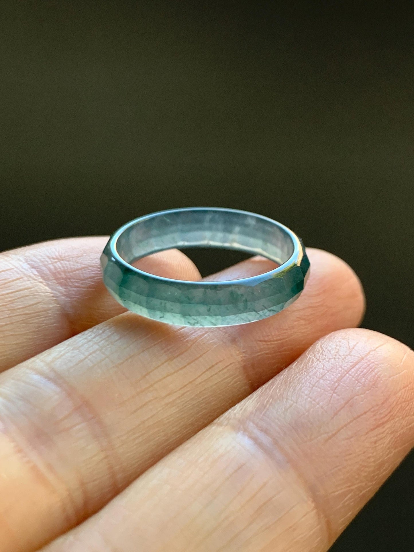 Natural Grade A Guatemalan Icy Highly Translucent Teal Blue Green Marbled Jade Jadeite Faceted Band Ring Size 7.75 US 天然冰危蓝飘花翡翠切割面戒圈 WLQ220B