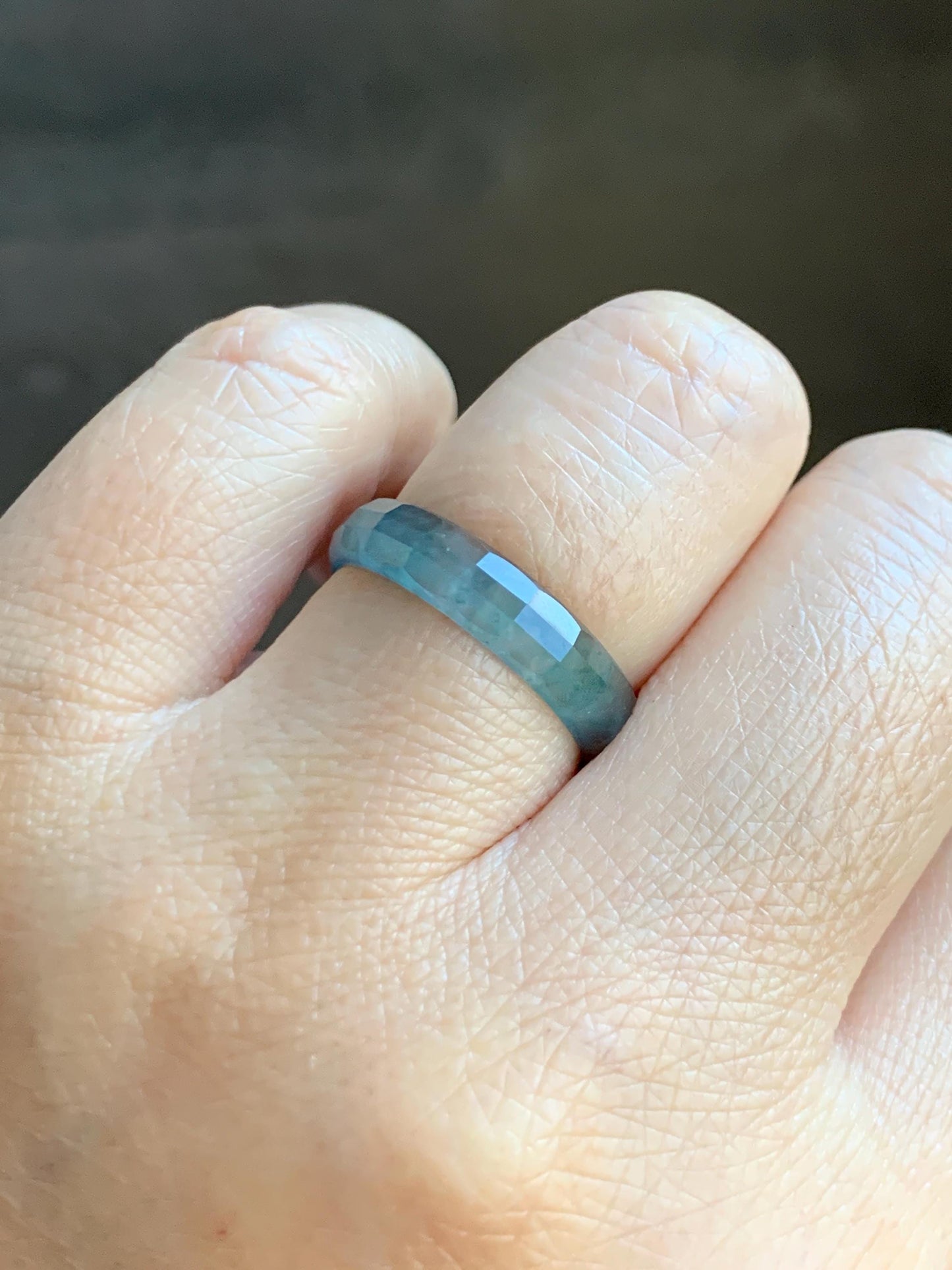 Natural Grade A Guatemalan Icy Highly Translucent Teal Blue Green Marbled Jade Jadeite Faceted Band Ring Size 7.75 US 天然冰危蓝飘花翡翠切割面戒圈 WLQ220B