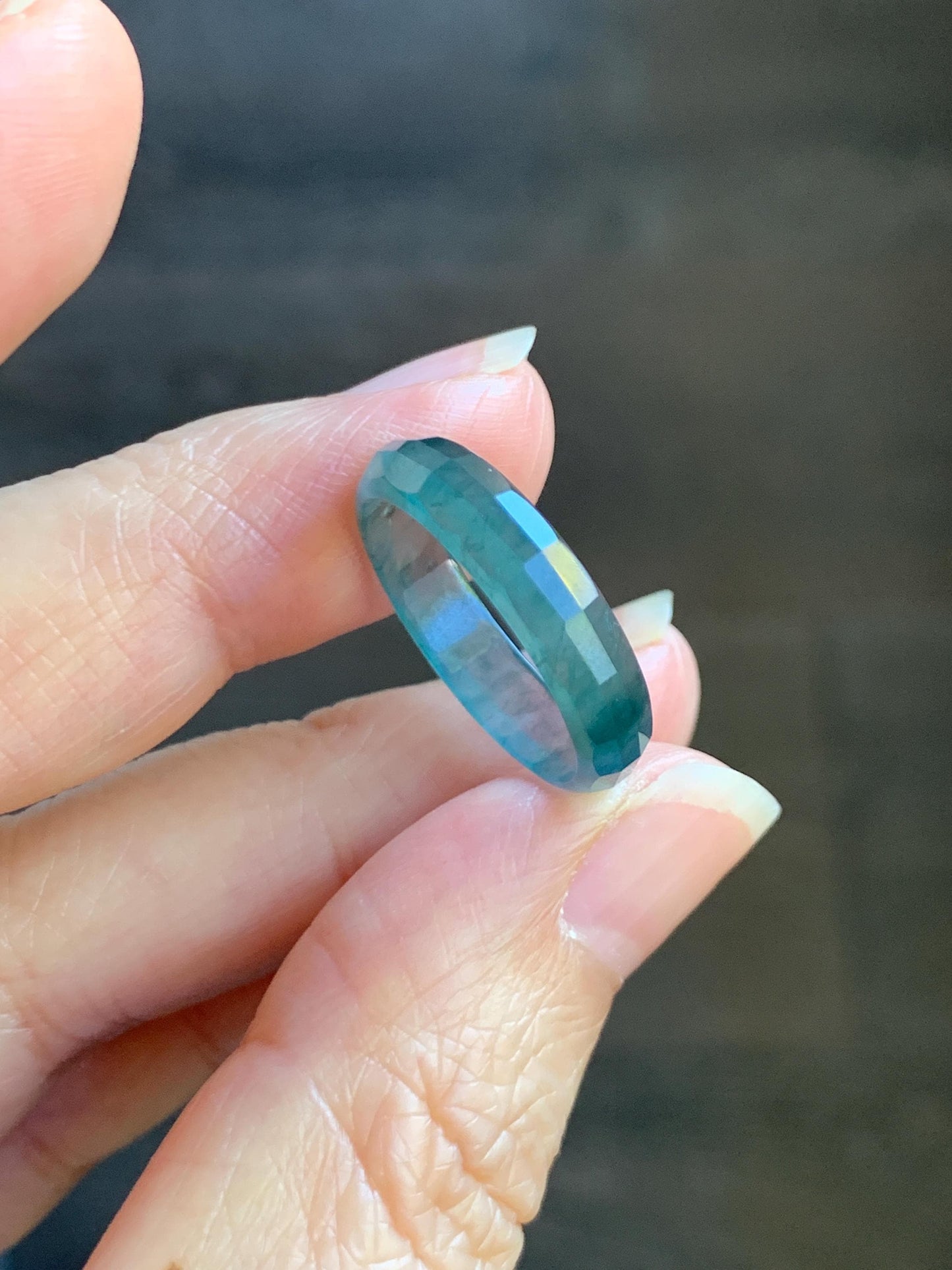 Natural Grade A Guatemalan Icy Highly Translucent Teal Blue Green Marbled Jade Jadeite Faceted Band Ring Size 7.75 US 天然冰危蓝飘花翡翠切割面戒圈 WLQ220B