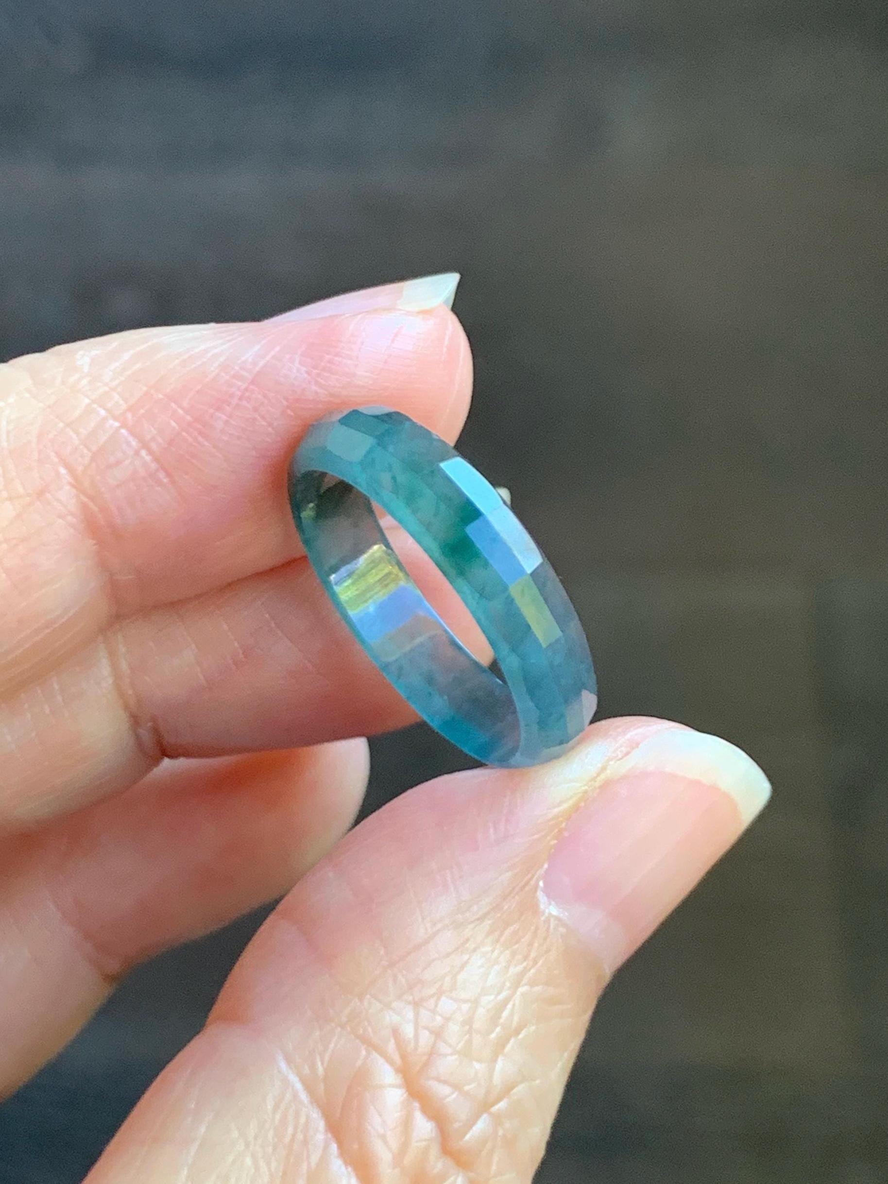 Natural Grade A Guatemalan Icy Highly Translucent Teal Blue Green Marbled Jade Jadeite Faceted Band Ring Size 7.75 US 天然冰危蓝飘花翡翠切割面戒圈 WLQ220B