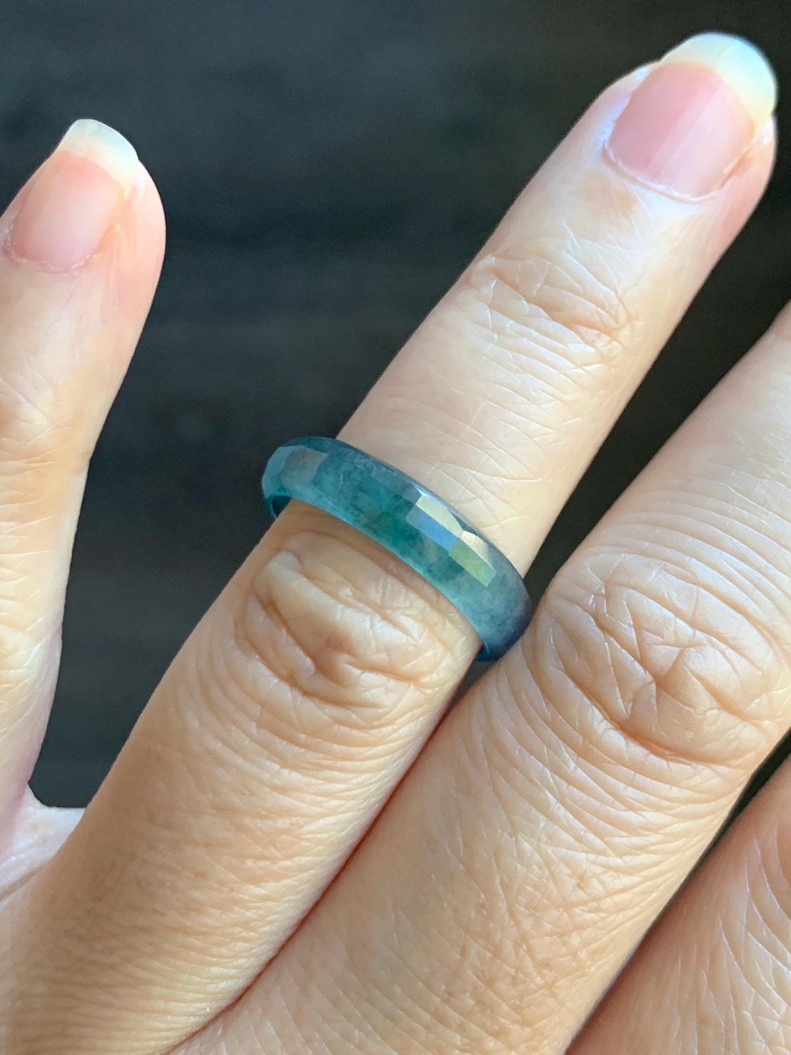 Natural Grade A Guatemalan Icy Highly Translucent Teal Blue Green Marbled Jade Jadeite Faceted Band Ring Size 6.5 US 天然冰危蓝飘花翡翠切割面戒圈 WLQ220C