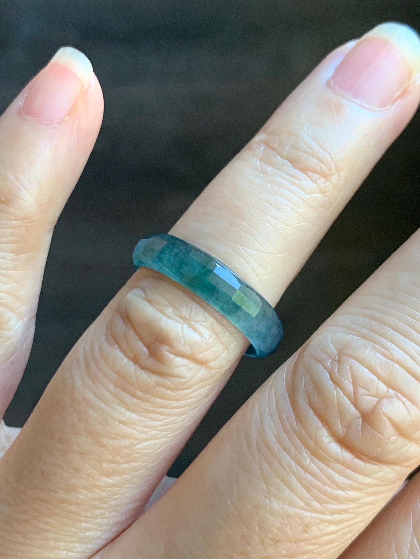 Natural Grade A Guatemalan Icy Highly Translucent Teal Blue Green Marbled Jade Jadeite Faceted Band Ring Size 6.5 US 天然冰危蓝飘花翡翠切割面戒圈 WLQ220C