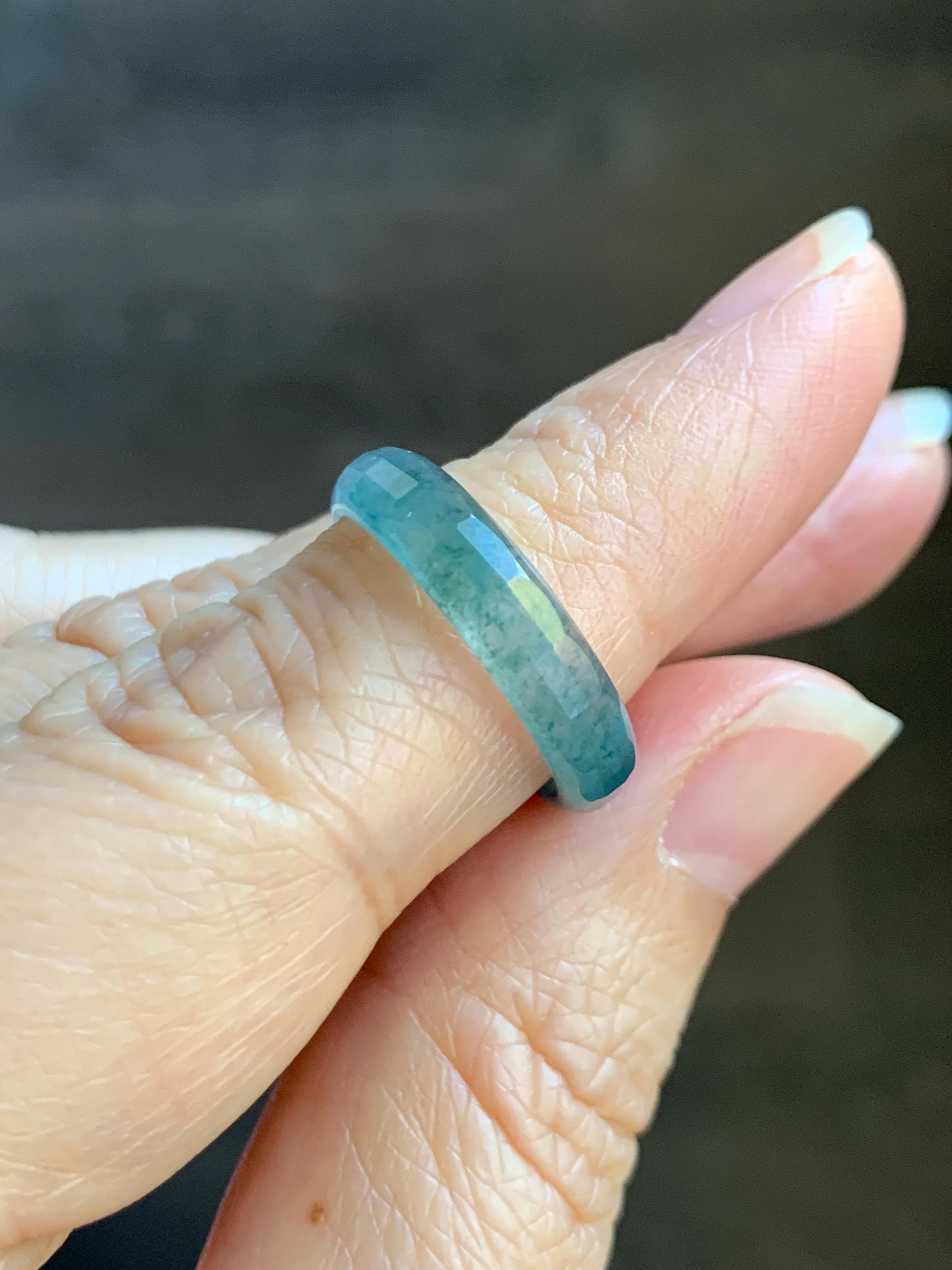Natural Grade A Guatemalan Icy Highly Translucent Teal Blue Green Marbled Jade Jadeite Faceted Band Ring Size 6.5 US 天然冰危蓝飘花翡翠切割面戒圈 WLQ220C