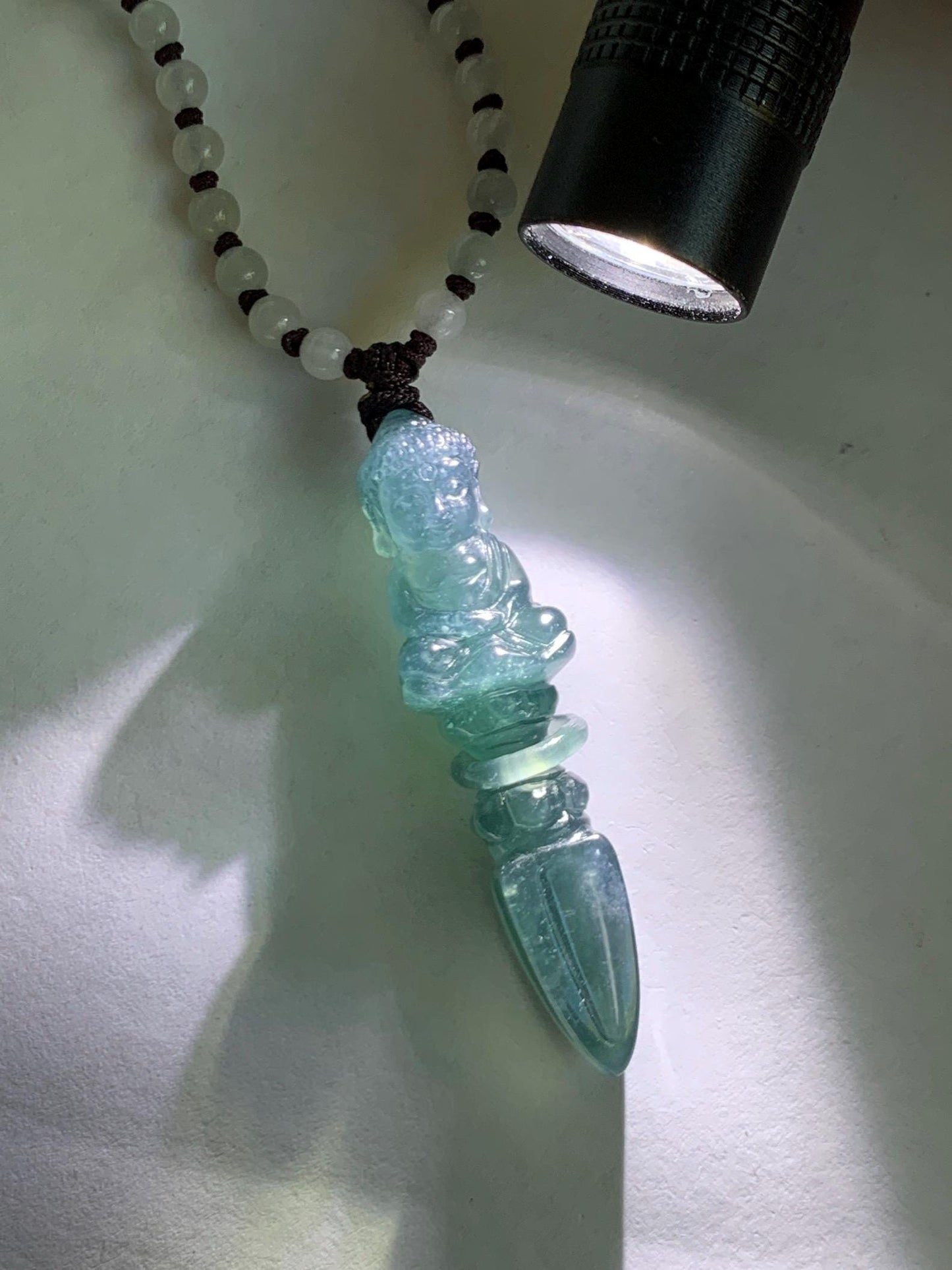 Natural Grade A Guatemalan Icy Translucent Aegean Blue Jade Jadeite Carved Vajra Pendant Beaded Necklace 24.5” 天然冰危蓝翡翠降魔杵吊坠珠链项链 XMC354A