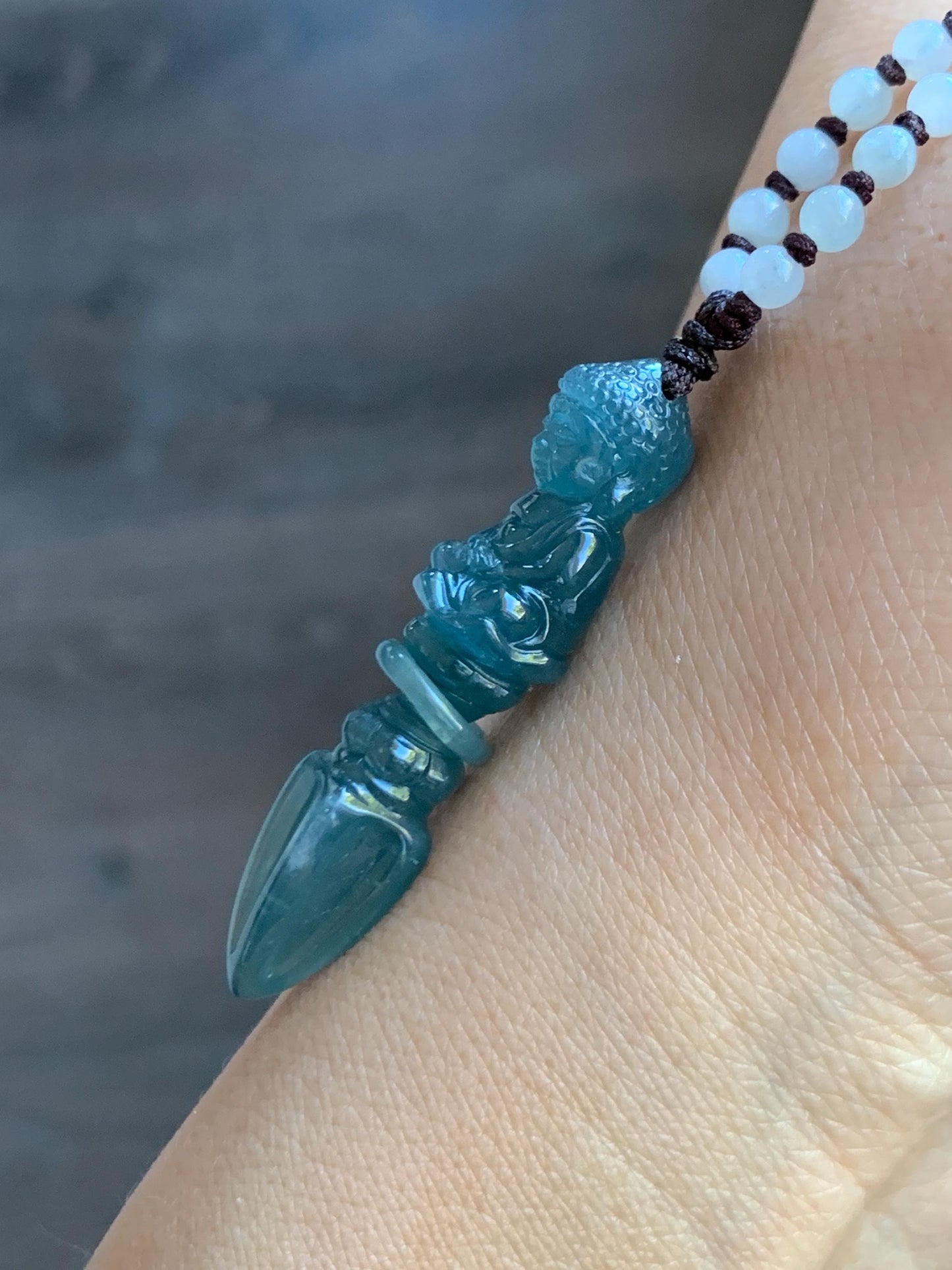 Natural Grade A Guatemalan Icy Translucent Aegean Blue Jade Jadeite Carved Vajra Pendant Beaded Necklace 24.5” 天然冰危蓝翡翠降魔杵吊坠珠链项链 XMC354A