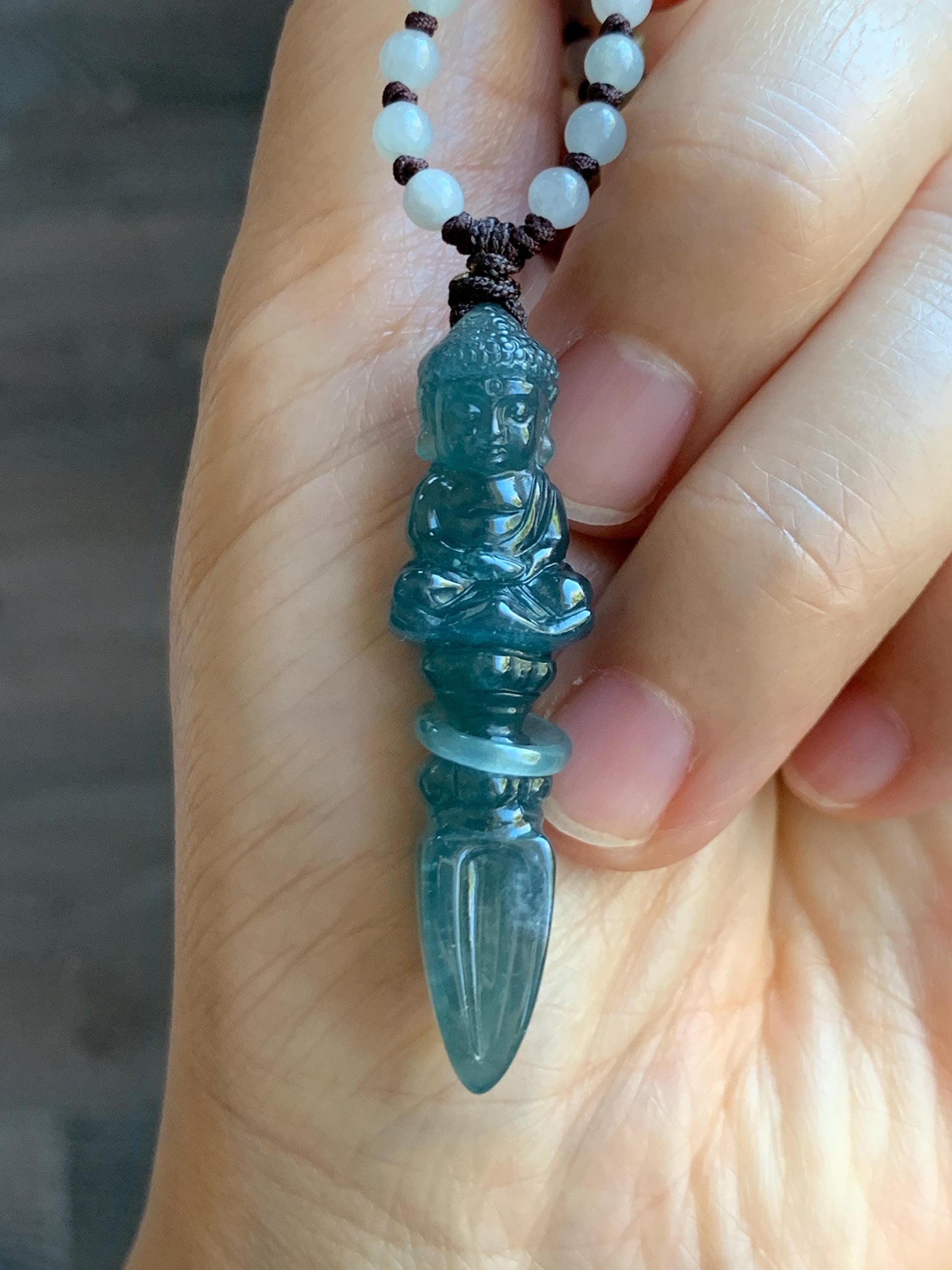 Natural Grade A Guatemalan Icy Translucent Aegean Blue Jade Jadeite Carved Vajra Pendant Beaded Necklace 24.5” 天然冰危蓝翡翠降魔杵吊坠珠链项链 XMC354A