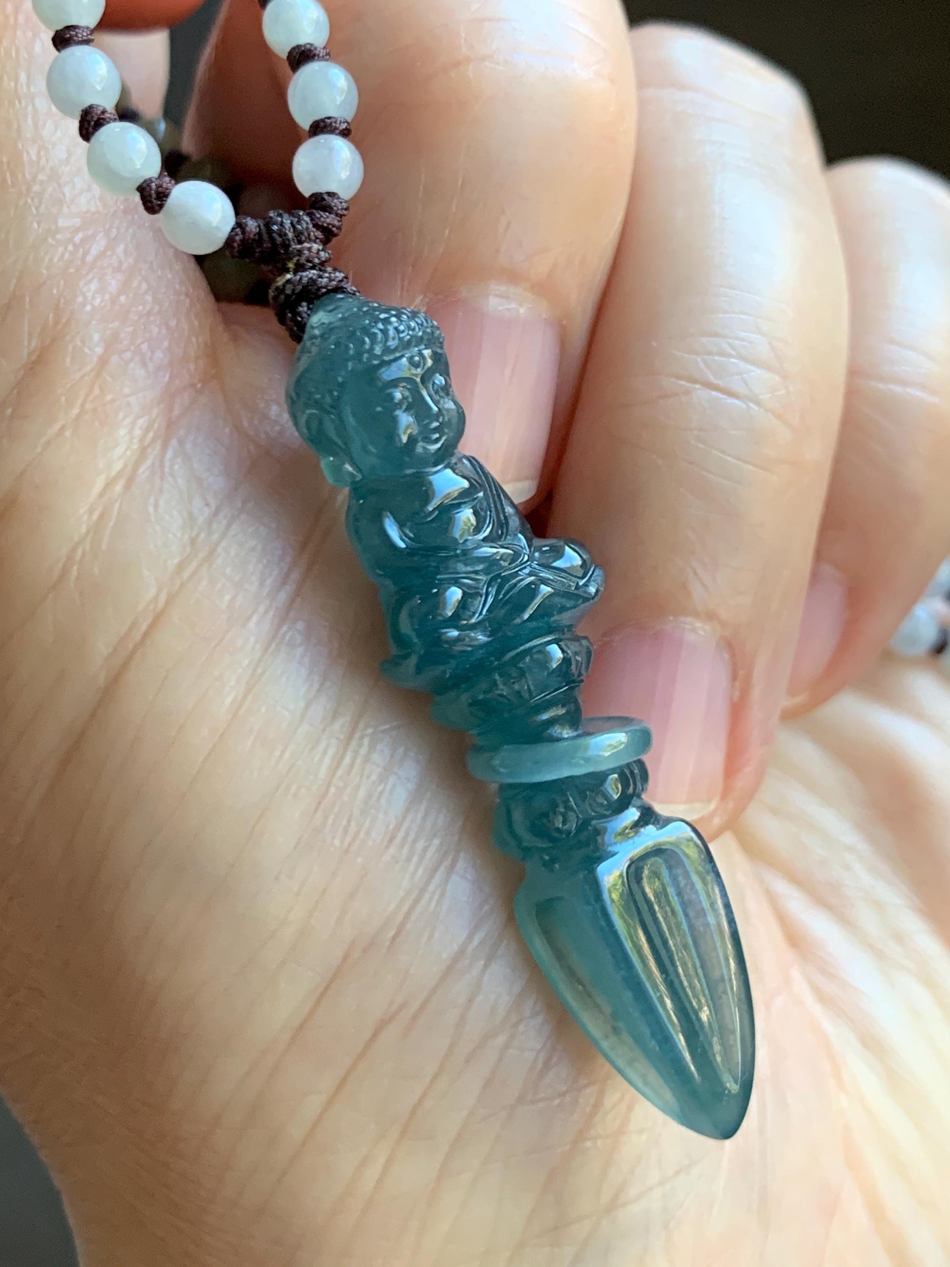 Natural Grade A Guatemalan Icy Translucent Aegean Blue Jade Jadeite Carved Vajra Pendant Beaded Necklace 24.5” 天然冰危蓝翡翠降魔杵吊坠珠链项链 XMC354A