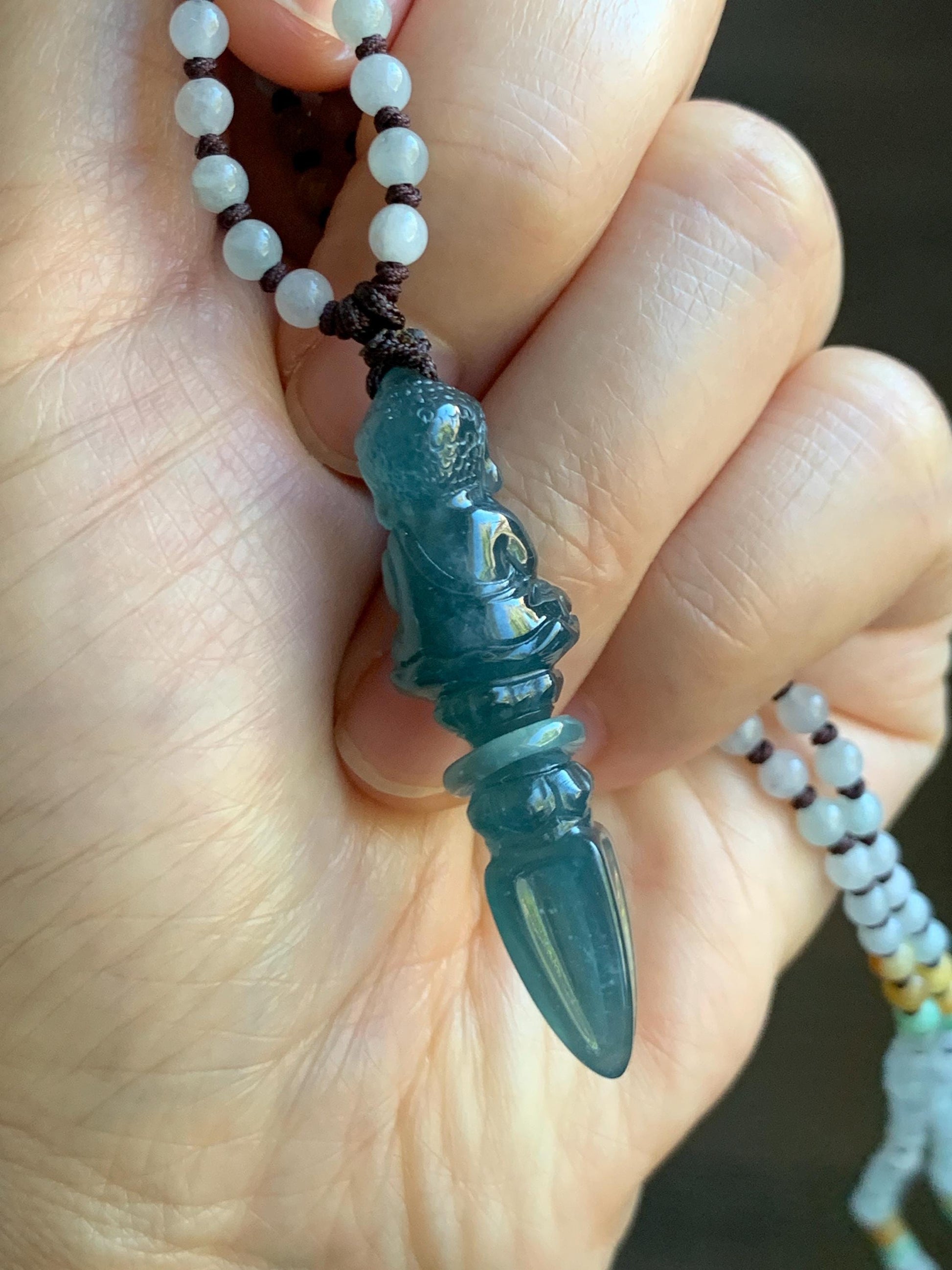 Natural Grade A Guatemalan Icy Translucent Aegean Blue Jade Jadeite Carved Vajra Pendant Beaded Necklace 24.5” 天然冰危蓝翡翠降魔杵吊坠珠链项链 XMC354A