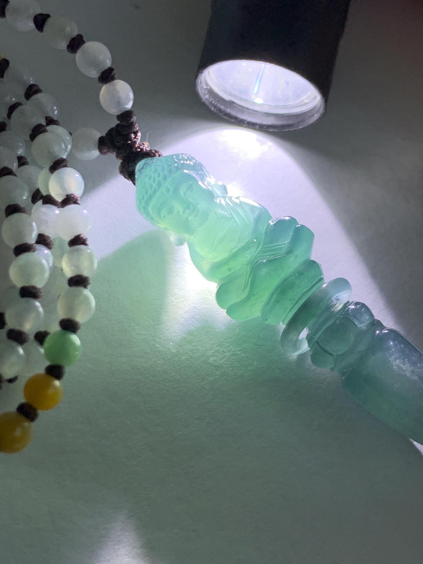 Natural Grade A Guatemalan Icy Translucent Aegean Blue Jade Jadeite Carved Vajra Pendant Beaded Necklace 24.5” 天然冰危蓝翡翠降魔杵吊坠珠链项链 XMC354A