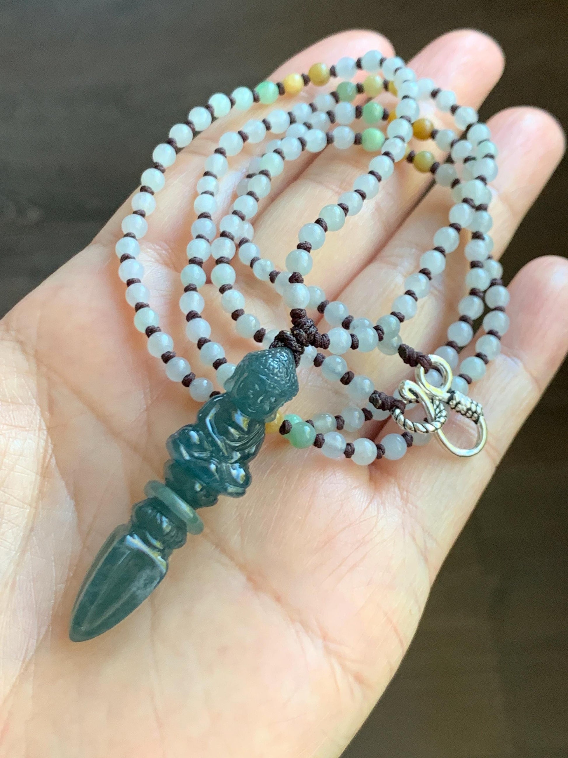 Natural Grade A Guatemalan Icy Translucent Aegean Blue Jade Jadeite Carved Vajra Pendant Beaded Necklace 24.5” 天然冰危蓝翡翠降魔杵吊坠珠链项链 XMC354A
