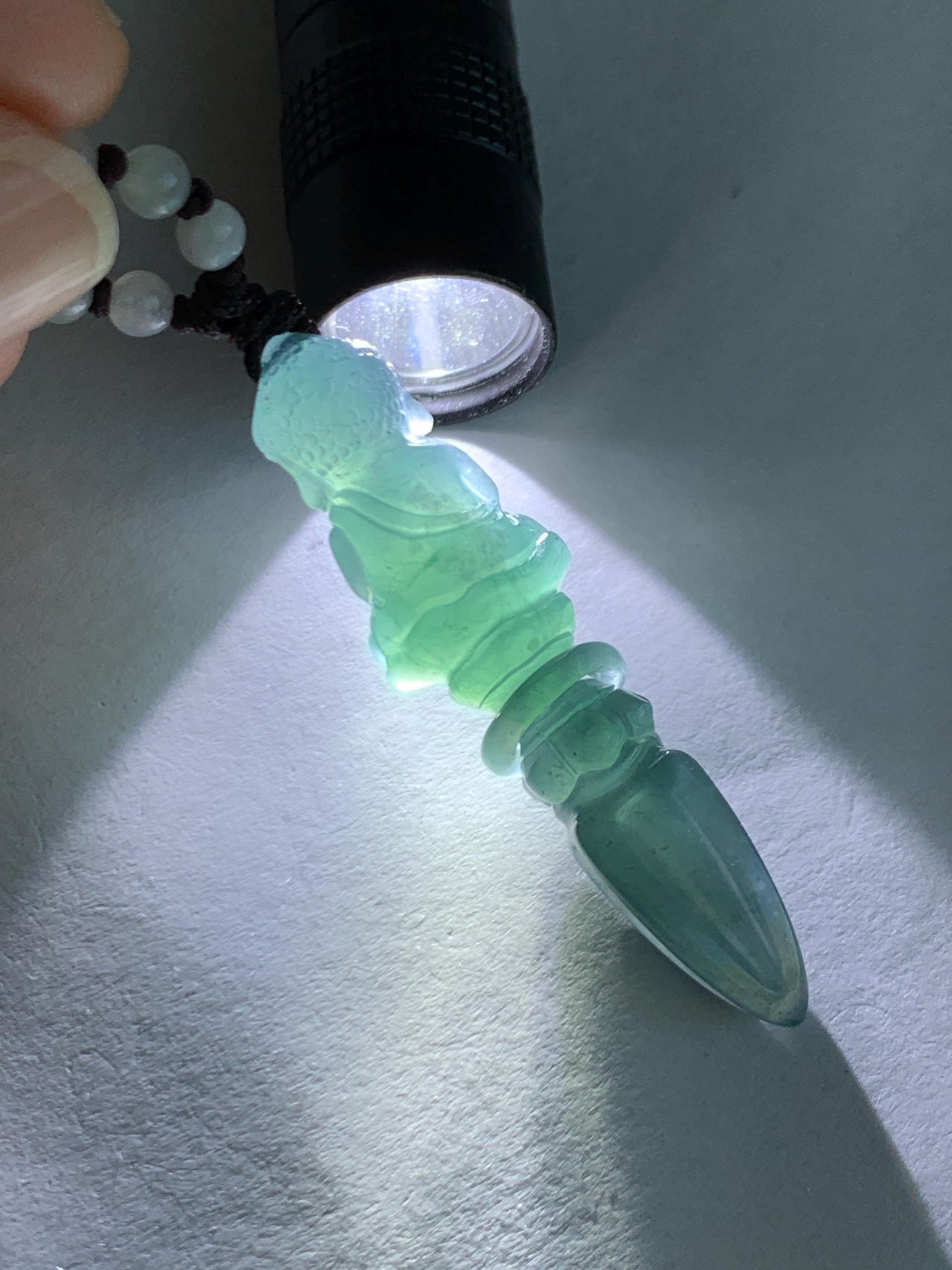 Natural Grade A Guatemalan Icy Translucent Aegean Blue Jade Jadeite Carved Vajra Pendant Beaded Necklace 24.5” 天然冰危蓝翡翠降魔杵吊坠珠链项链 XMC354A