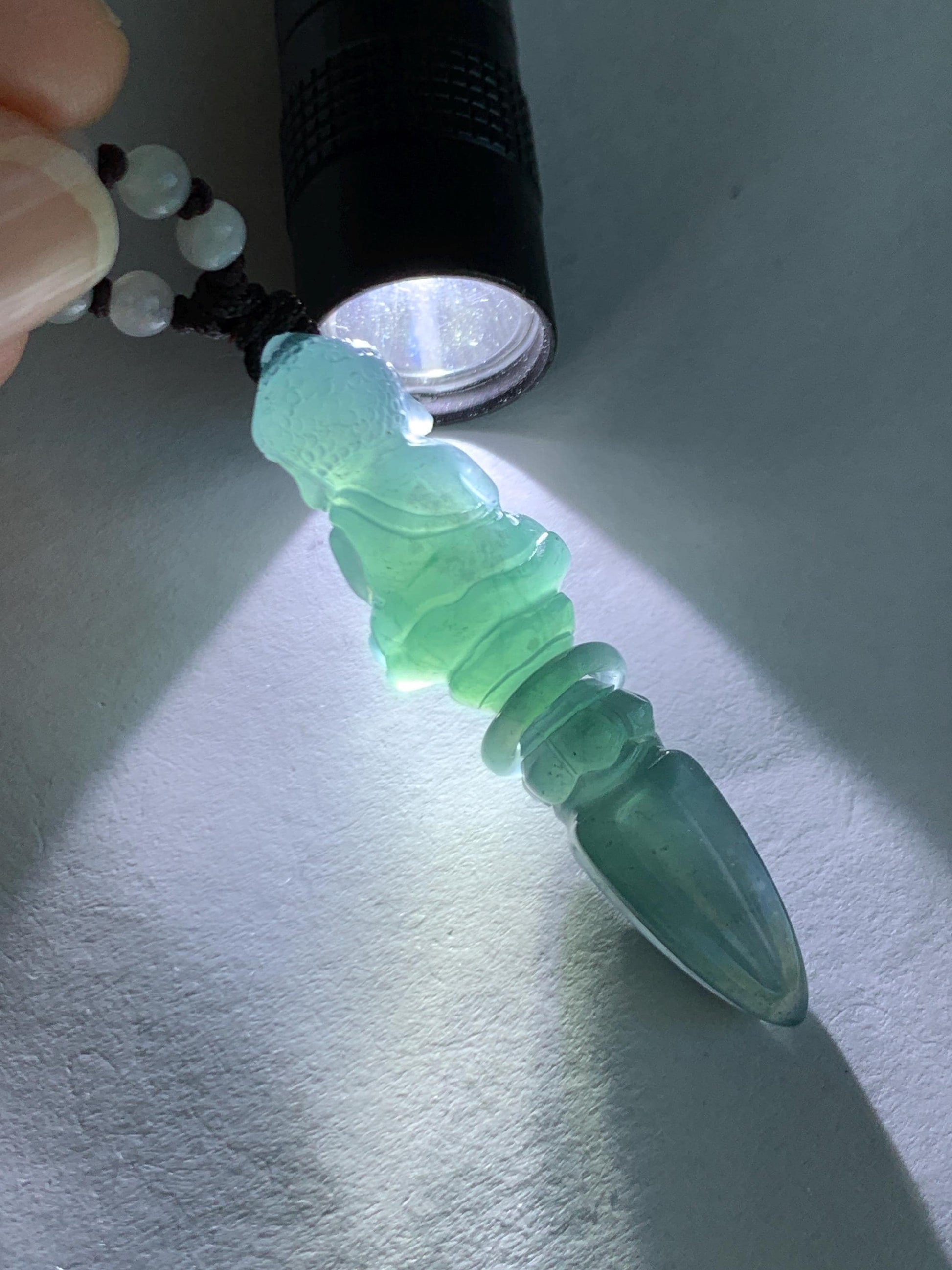 Natural Grade A Guatemalan Icy Translucent Aegean Blue Jade Jadeite Carved Vajra Pendant Beaded Necklace 24.5” 天然冰危蓝翡翠降魔杵吊坠珠链项链 XMC354A