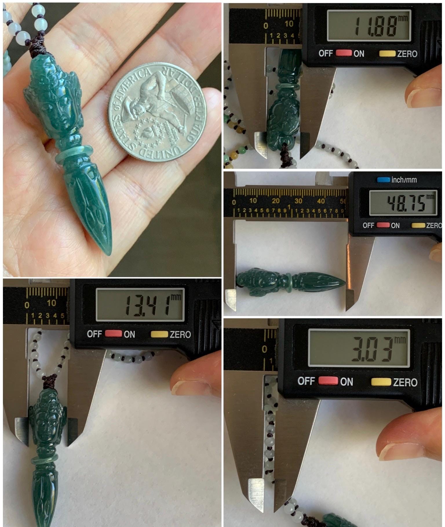 Natural Grade A Guatemalan Icy Translucent Dark Teal Blue Jade Jadeite Carved Vajra Pendant Beaded Necklace 21” 天然冰危蓝绿翡翠降魔杵吊坠珠链项链 XMC354B