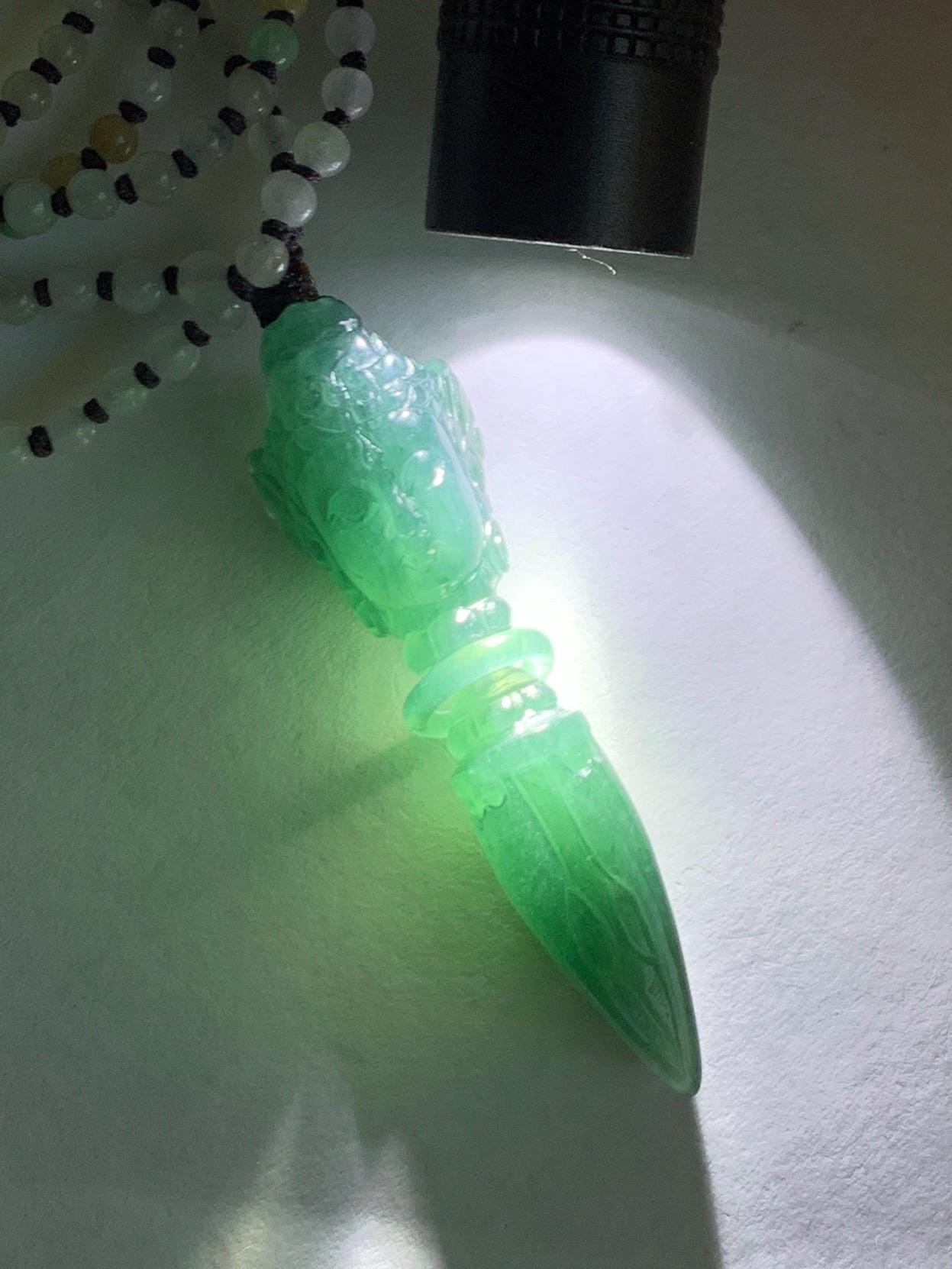 Natural Grade A Guatemalan Icy Translucent Dark Teal Blue Jade Jadeite Carved Vajra Pendant Beaded Necklace 21” 天然冰危蓝绿翡翠降魔杵吊坠珠链项链 XMC354B