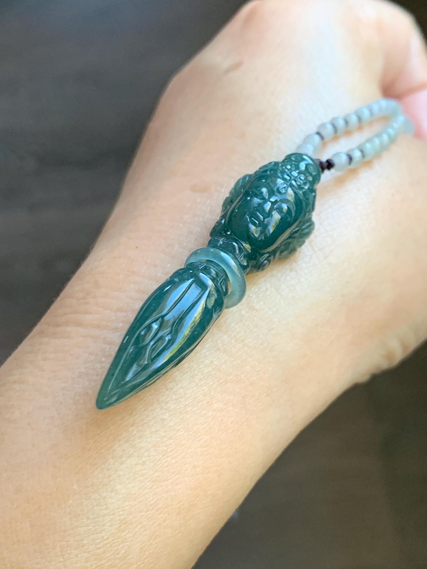 Natural Grade A Guatemalan Icy Translucent Dark Teal Blue Jade Jadeite Carved Vajra Pendant Beaded Necklace 21” 天然冰危蓝绿翡翠降魔杵吊坠珠链项链 XMC354B