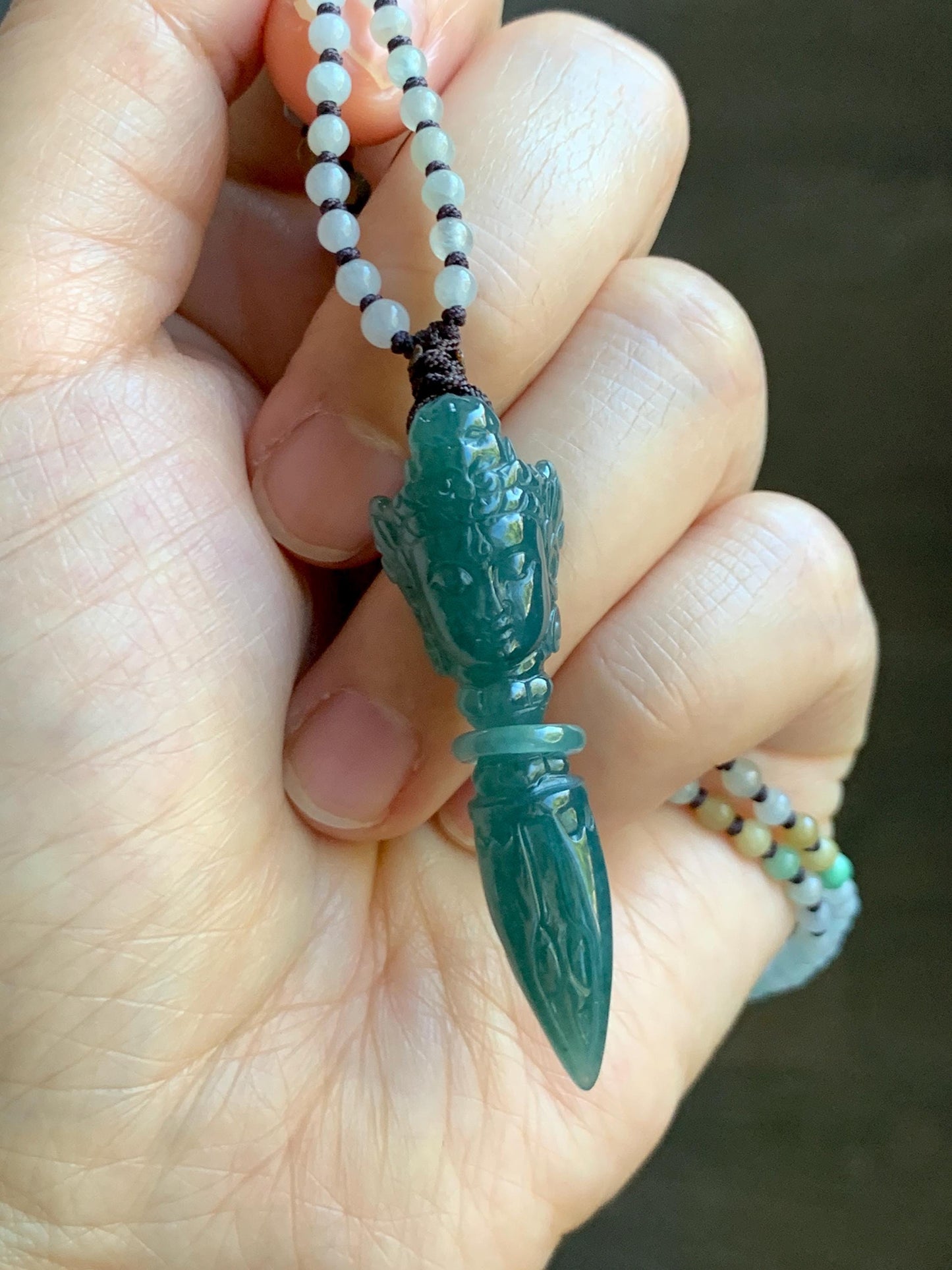 Natural Grade A Guatemalan Icy Translucent Dark Teal Blue Jade Jadeite Carved Vajra Pendant Beaded Necklace 21” 天然冰危蓝绿翡翠降魔杵吊坠珠链项链 XMC354B