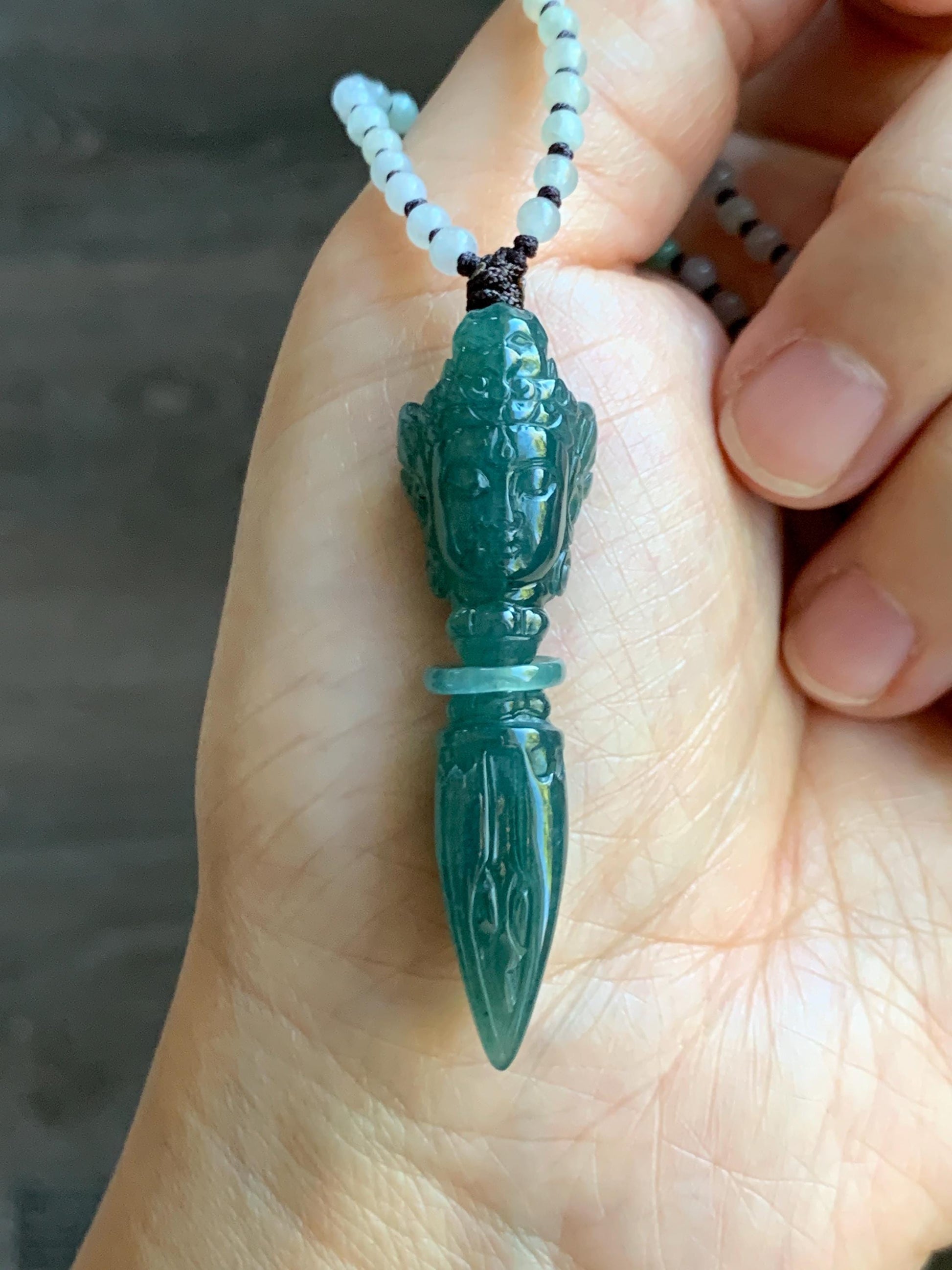 Natural Grade A Guatemalan Icy Translucent Dark Teal Blue Jade Jadeite Carved Vajra Pendant Beaded Necklace 21” 天然冰危蓝绿翡翠降魔杵吊坠珠链项链 XMC354B