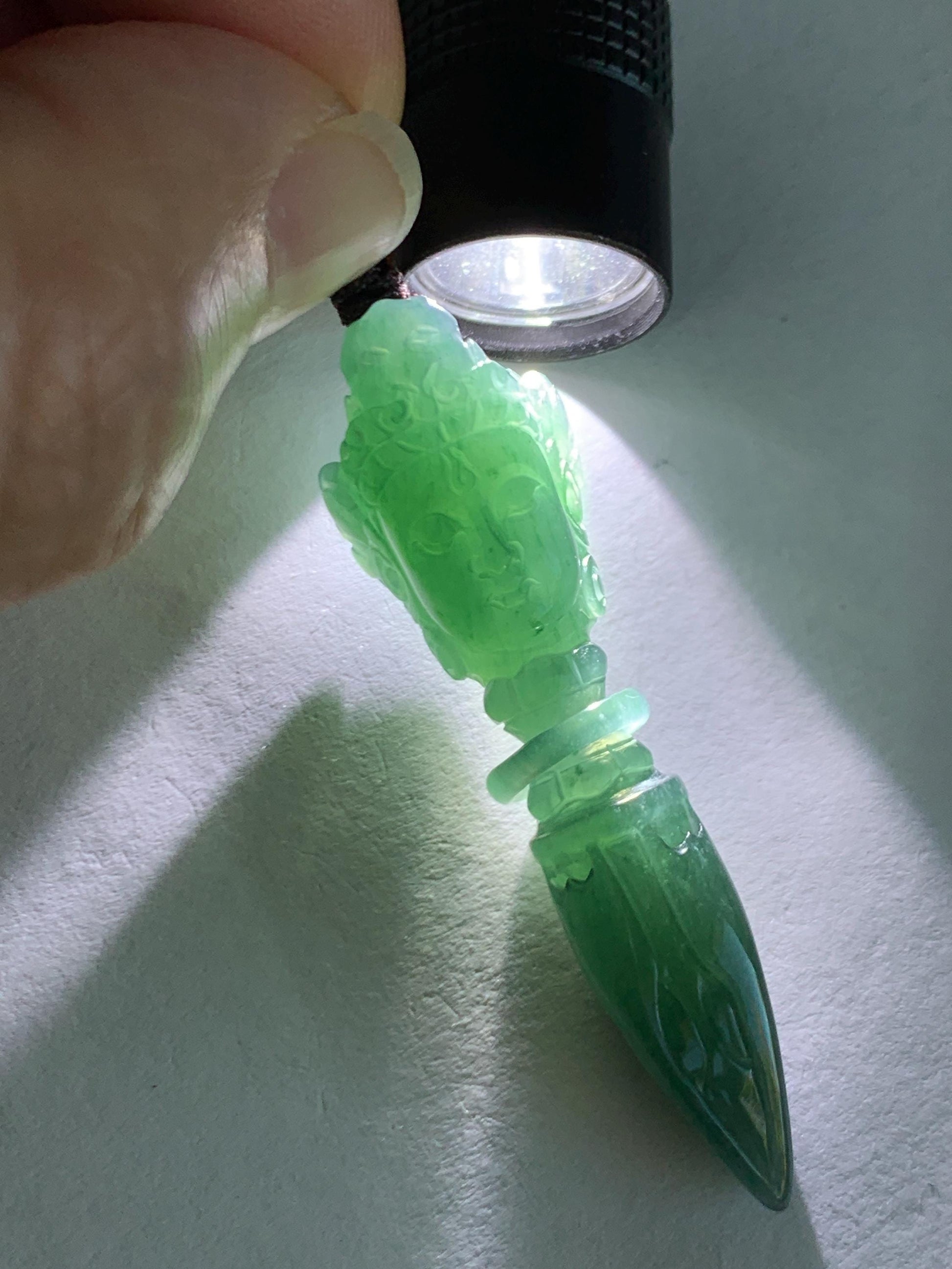 Natural Grade A Guatemalan Icy Translucent Dark Teal Blue Jade Jadeite Carved Vajra Pendant Beaded Necklace 21” 天然冰危蓝绿翡翠降魔杵吊坠珠链项链 XMC354B