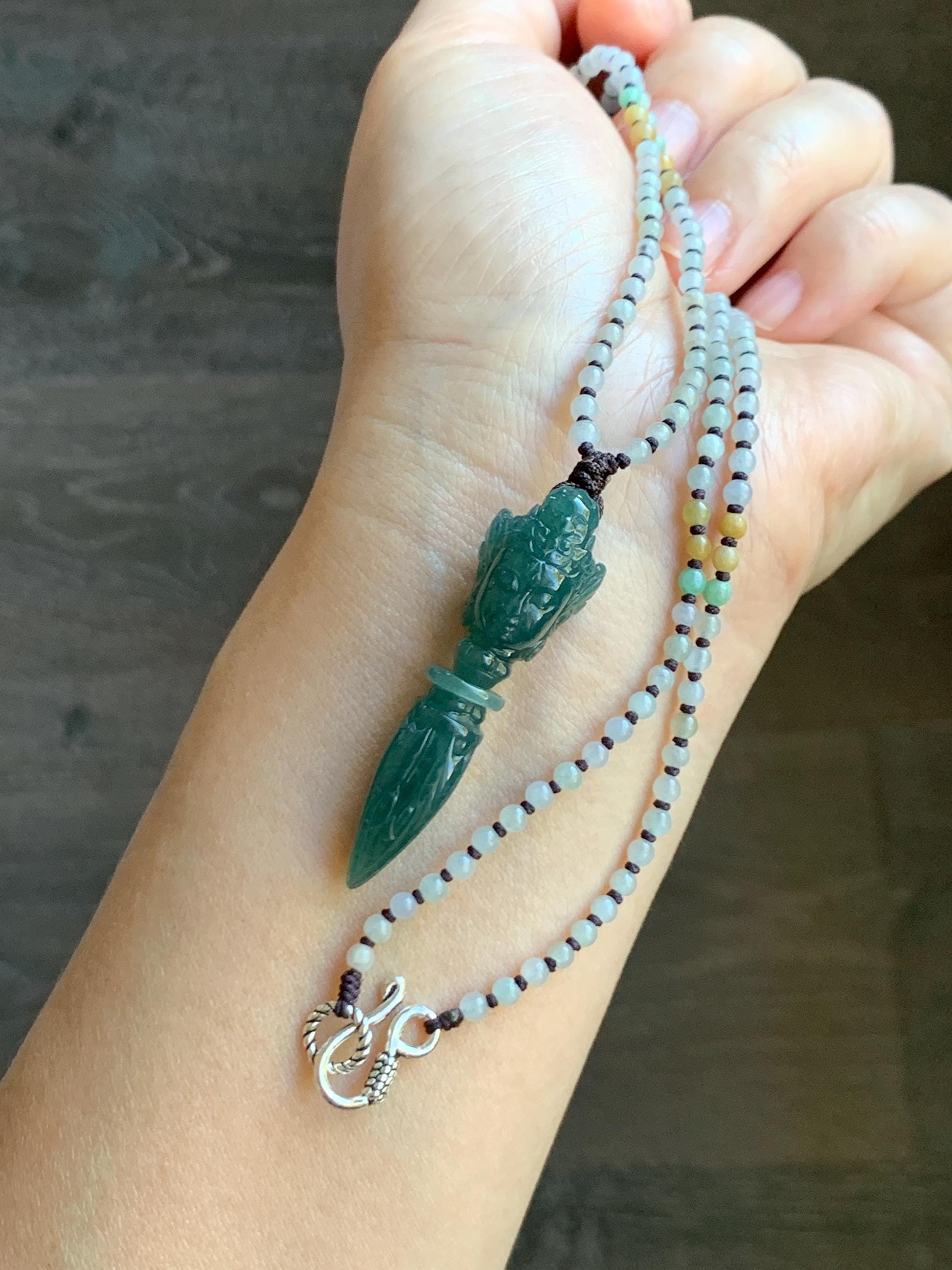 Natural Grade A Guatemalan Icy Translucent Dark Teal Blue Jade Jadeite Carved Vajra Pendant Beaded Necklace 21” 天然冰危蓝绿翡翠降魔杵吊坠珠链项链 XMC354B