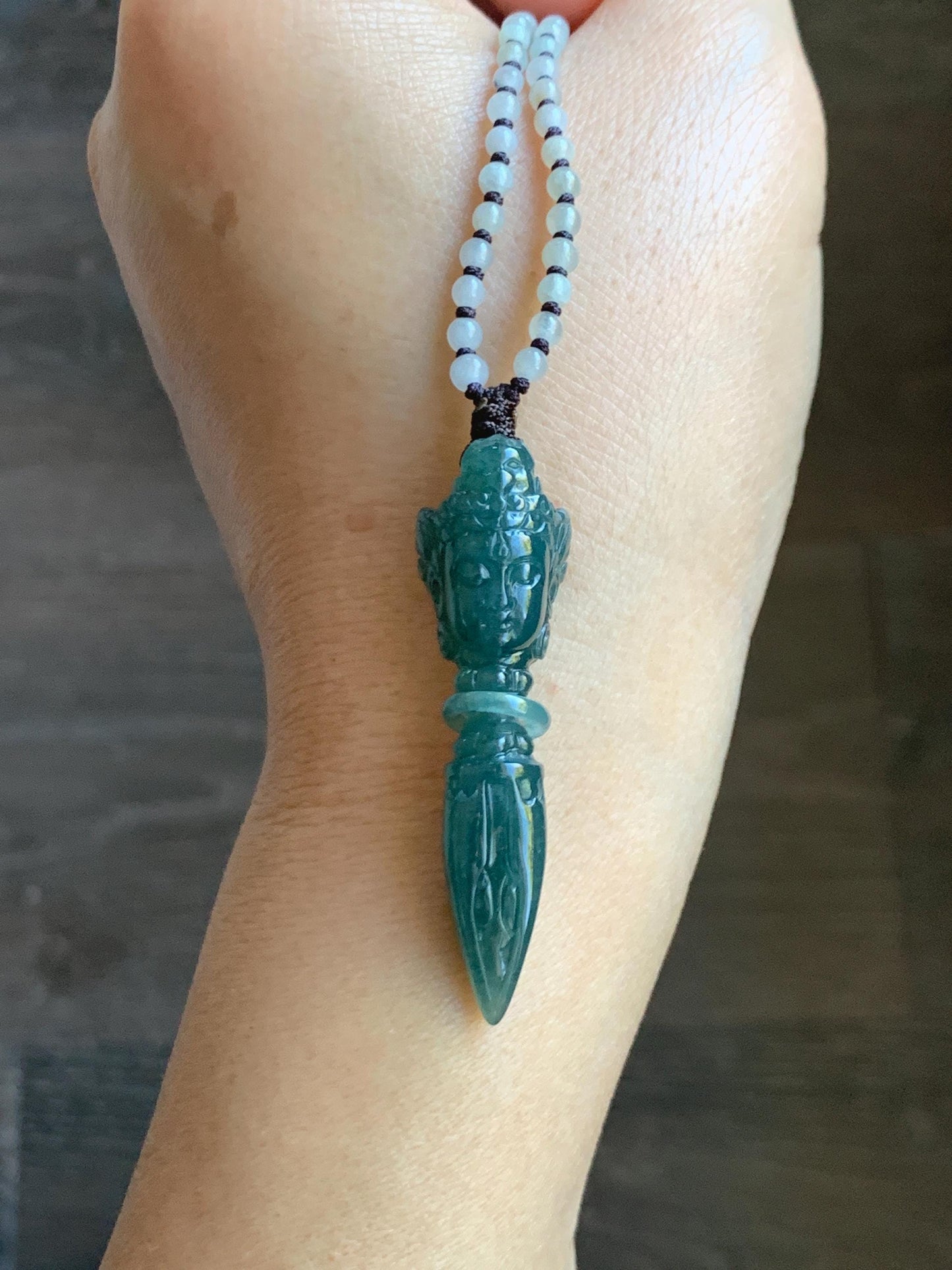 Natural Grade A Guatemalan Icy Translucent Dark Teal Blue Jade Jadeite Carved Vajra Pendant Beaded Necklace 21” 天然冰危蓝绿翡翠降魔杵吊坠珠链项链 XMC354B