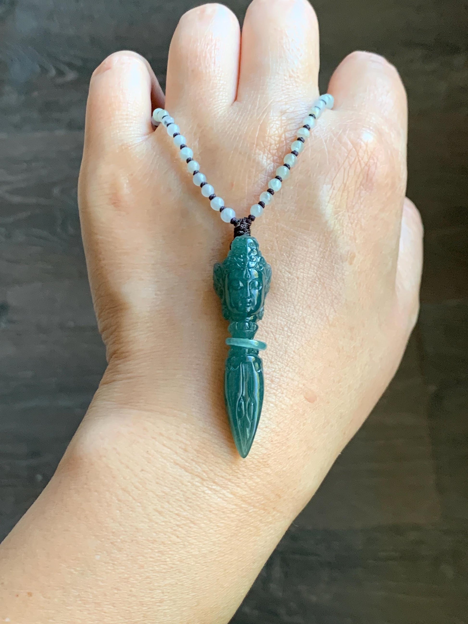 Natural Grade A Guatemalan Icy Translucent Dark Teal Blue Jade Jadeite Carved Vajra Pendant Beaded Necklace 21” 天然冰危蓝绿翡翠降魔杵吊坠珠链项链 XMC354B