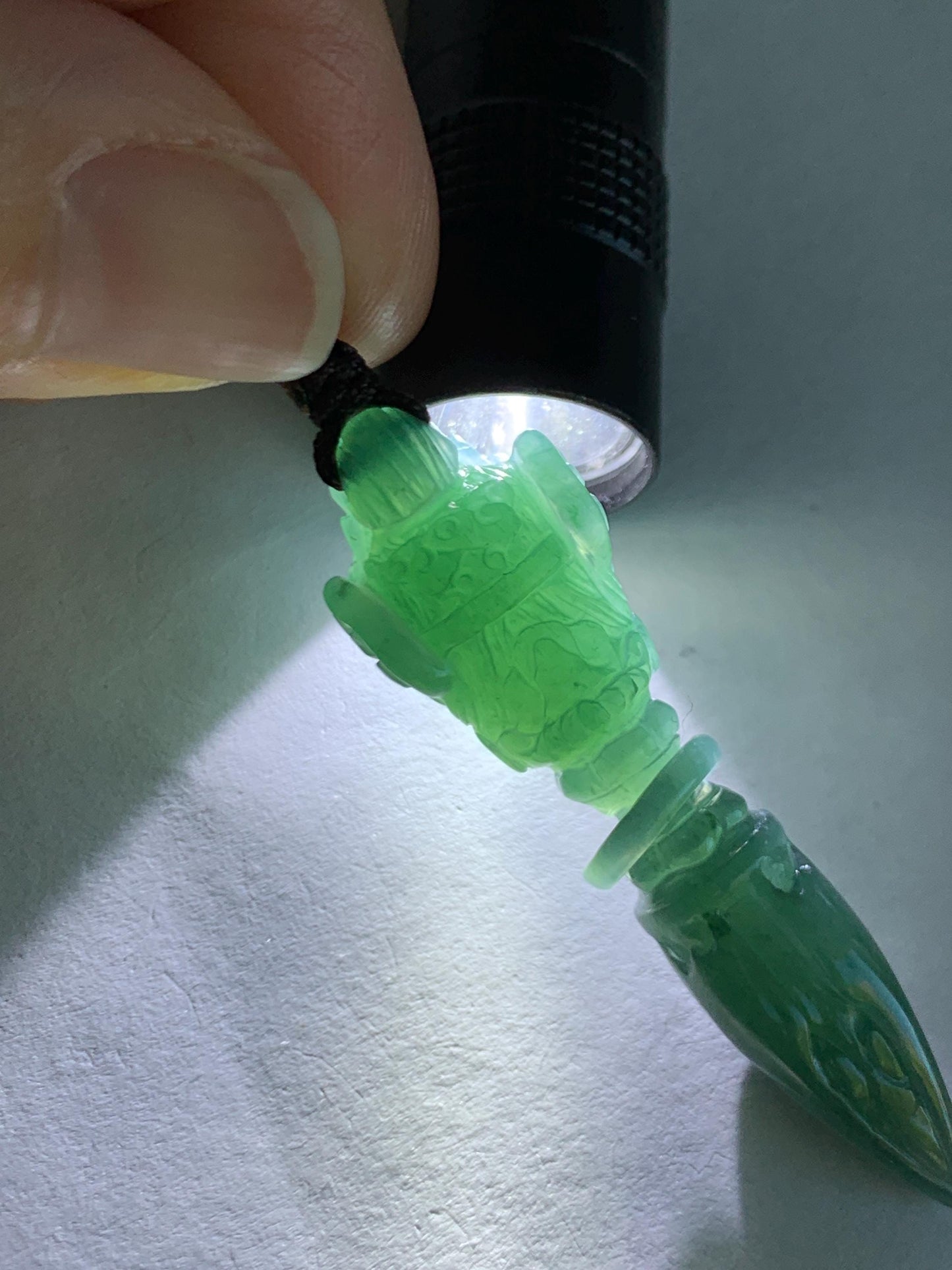 Natural Grade A Guatemalan Icy Translucent Dark Teal Blue Jade Jadeite Carved Vajra Pendant Beaded Necklace 21” 天然冰危蓝绿翡翠降魔杵吊坠珠链项链 XMC354B