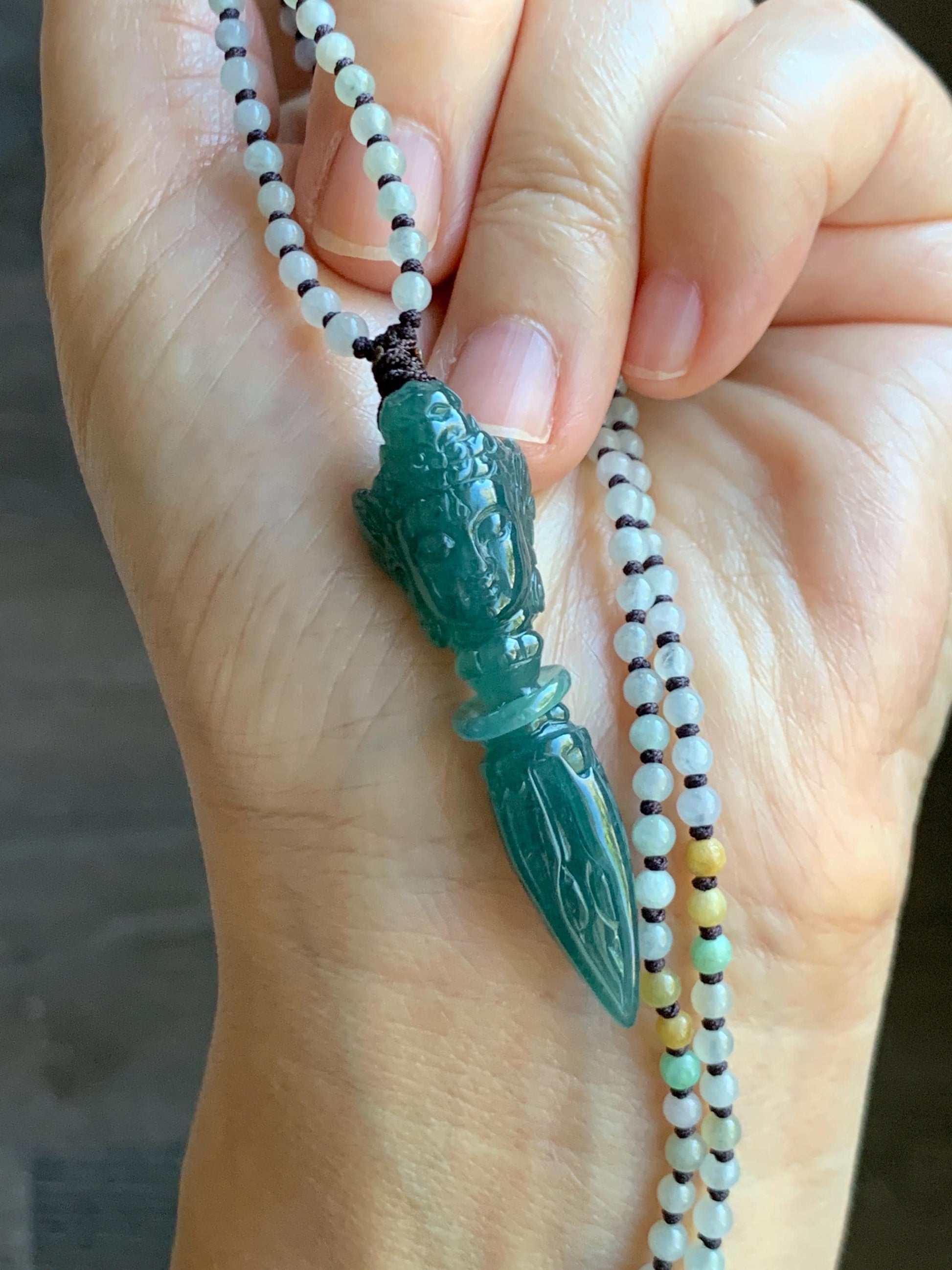 Natural Grade A Guatemalan Icy Translucent Dark Teal Blue Jade Jadeite Carved Vajra Pendant Beaded Necklace 21” 天然冰危蓝绿翡翠降魔杵吊坠珠链项链 XMC354B
