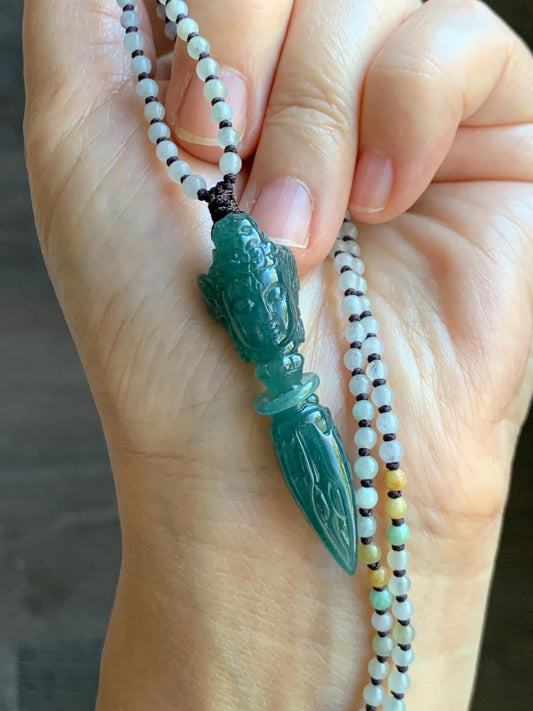 Natural Grade A Guatemalan Icy Translucent Dark Teal Blue Jade Jadeite Carved Vajra Pendant Beaded Necklace 21” 天然冰危蓝绿翡翠降魔杵吊坠珠链项链 XMC354B