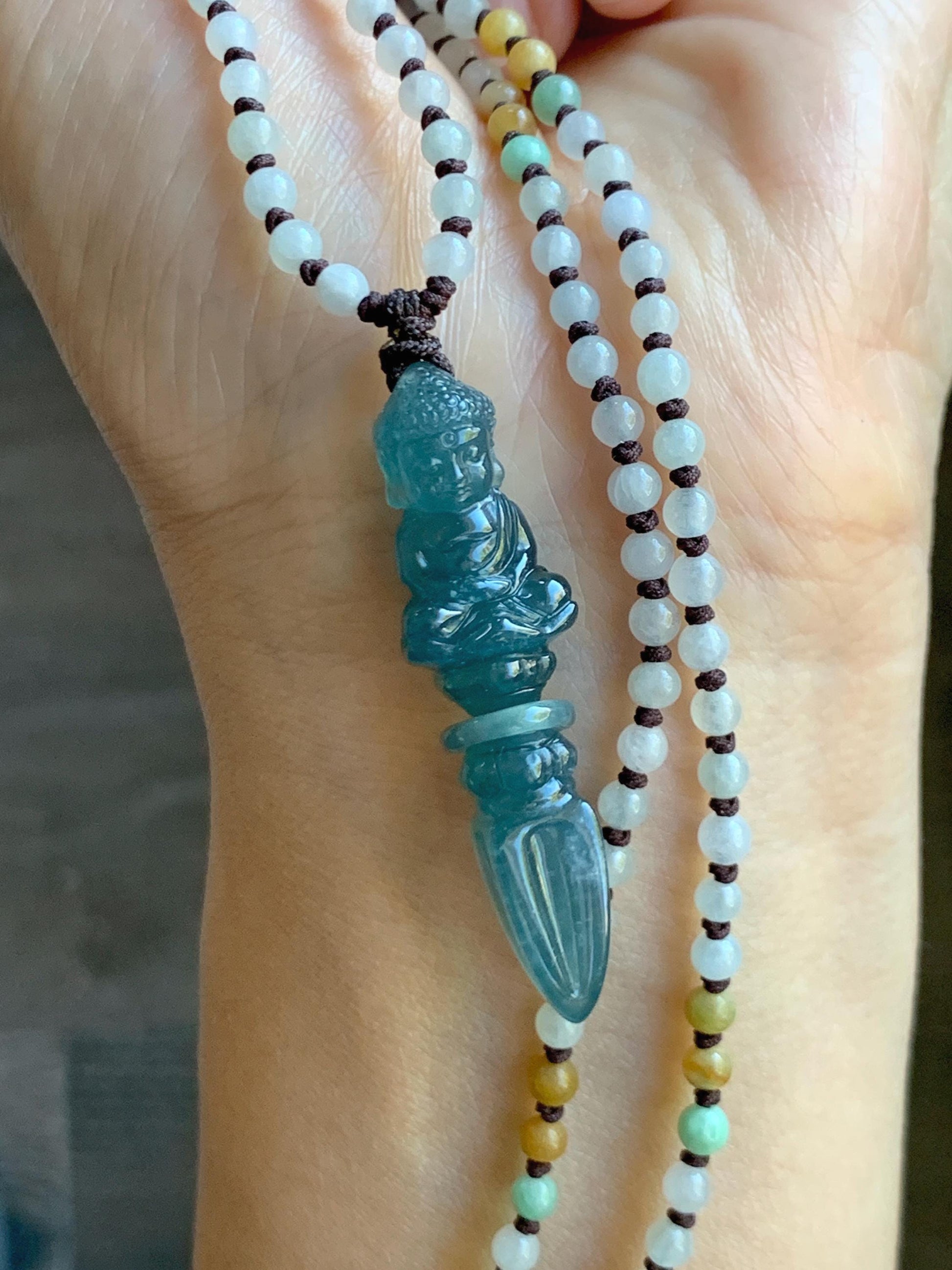 Natural Grade A Guatemalan Icy Translucent Aegean Blue Jade Jadeite Carved Vajra Pendant Beaded Necklace 24.5” 天然冰危蓝翡翠降魔杵吊坠珠链项链 XMC354A