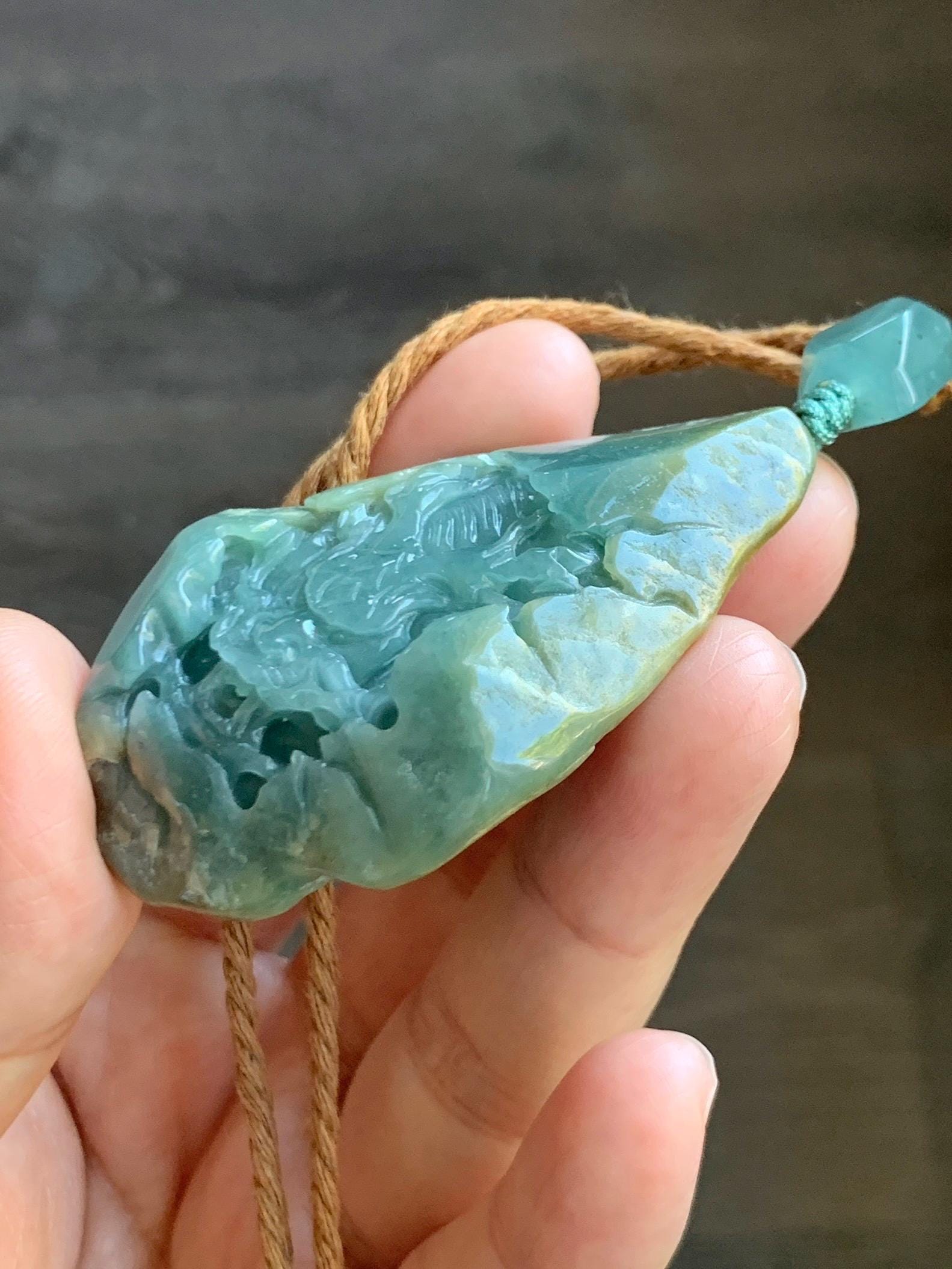 Natural Grade A Guatemalan Icy Dark Dusty Blue Jade Jadeite with Rind Carved Dragon Pendant Rope Necklace 26.5" 52g 天然危蓝翡翠龙破石皮壳料吊坠 PGL180L