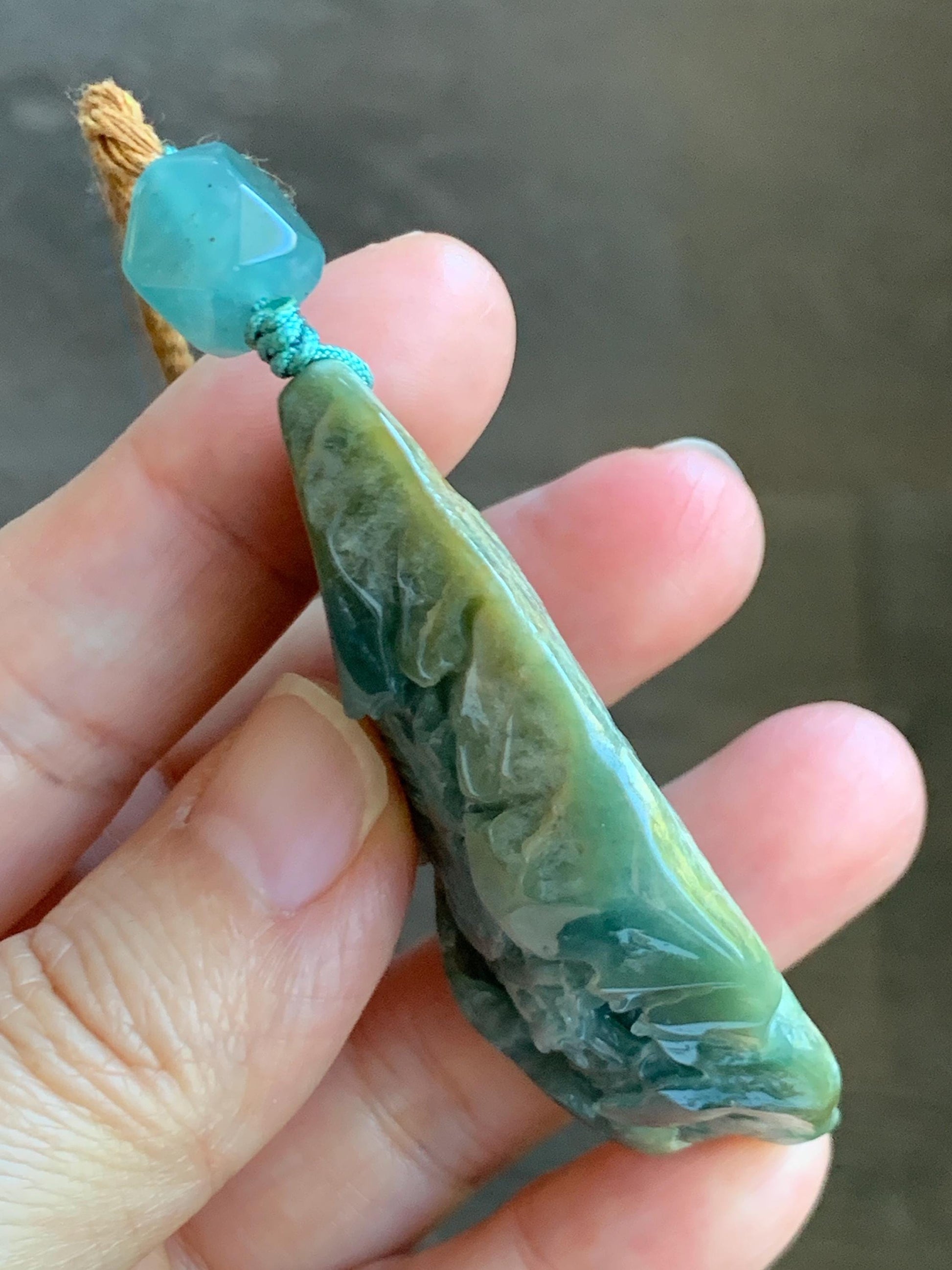 Natural Grade A Guatemalan Icy Dark Dusty Blue Jade Jadeite with Rind Carved Dragon Pendant Rope Necklace 26.5" 52g 天然危蓝翡翠龙破石皮壳料吊坠 PGL180L