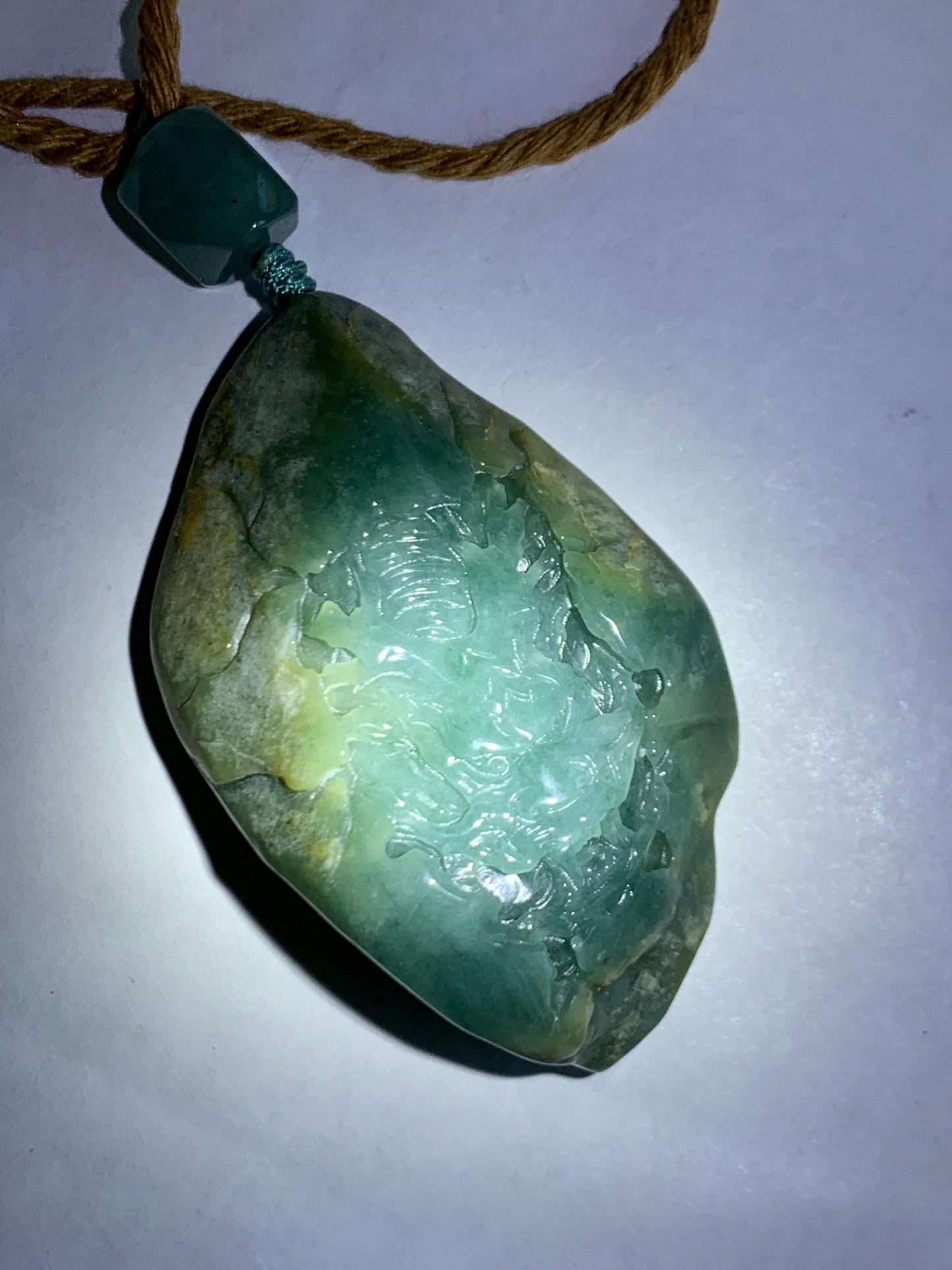 Natural Grade A Guatemalan Icy Dark Dusty Blue Jade Jadeite with Rind Carved Dragon Pendant Rope Necklace 26.5" 52g 天然危蓝翡翠龙破石皮壳料吊坠 PGL180L