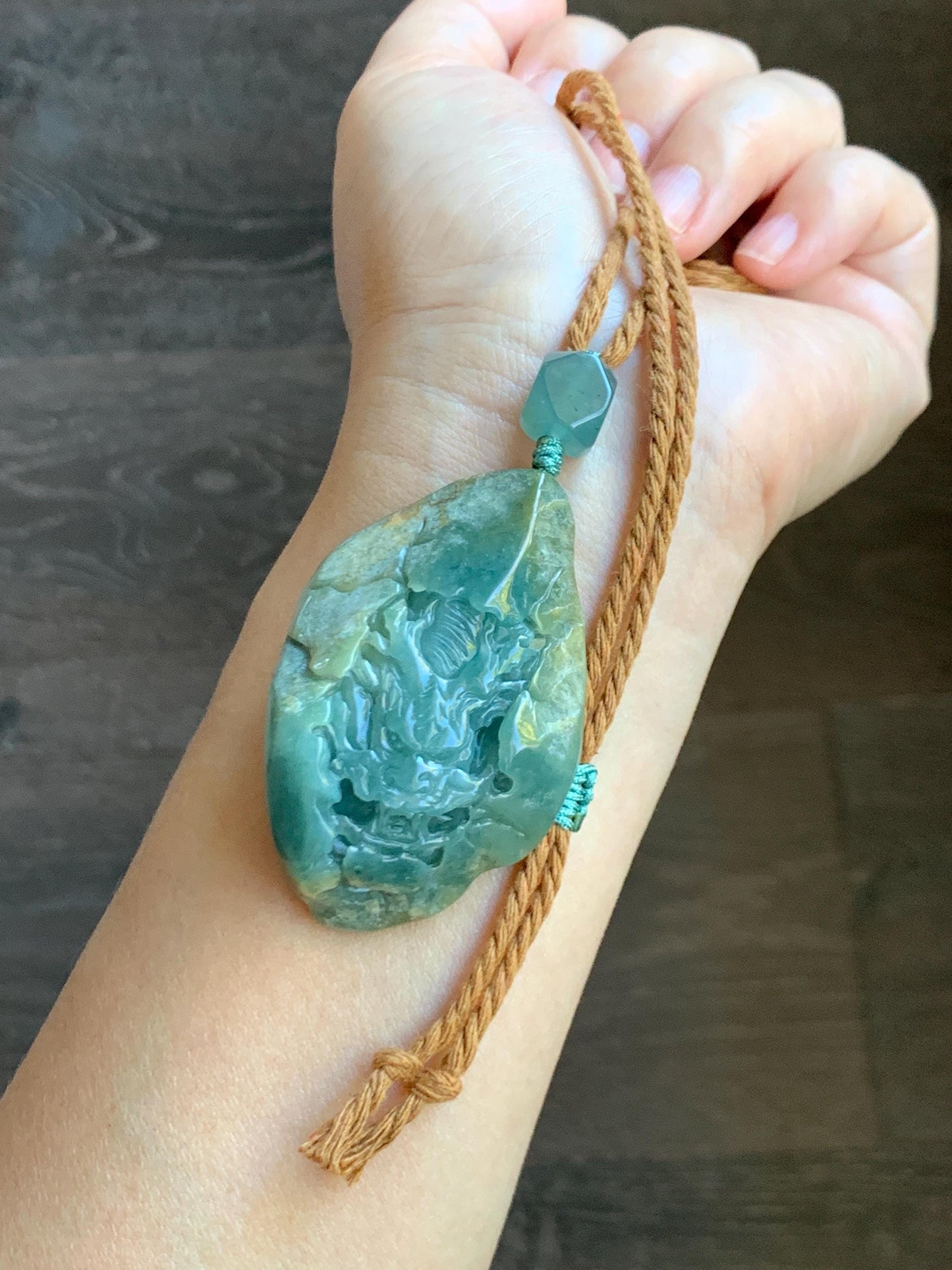 Natural Grade A Guatemalan Icy Dark Dusty Blue Jade Jadeite with Rind Carved Dragon Pendant Rope Necklace 26.5" 52g 天然危蓝翡翠龙破石皮壳料吊坠 PGL180L