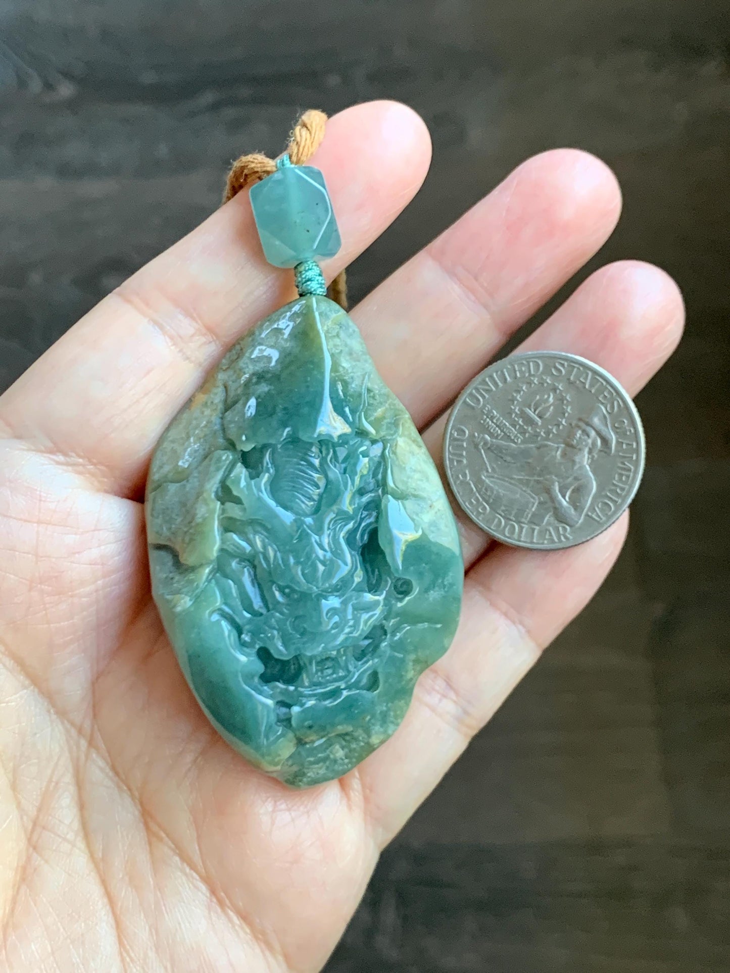 Natural Grade A Guatemalan Icy Dark Dusty Blue Jade Jadeite with Rind Carved Dragon Pendant Rope Necklace 26.5" 52g 天然危蓝翡翠龙破石皮壳料吊坠 PGL180L