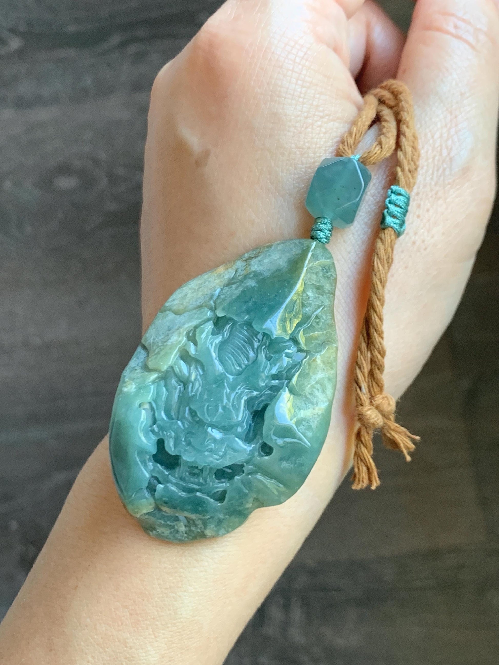 Natural Grade A Guatemalan Icy Dark Dusty Blue Jade Jadeite with Rind Carved Dragon Pendant Rope Necklace 26.5" 52g 天然危蓝翡翠龙破石皮壳料吊坠 PGL180L
