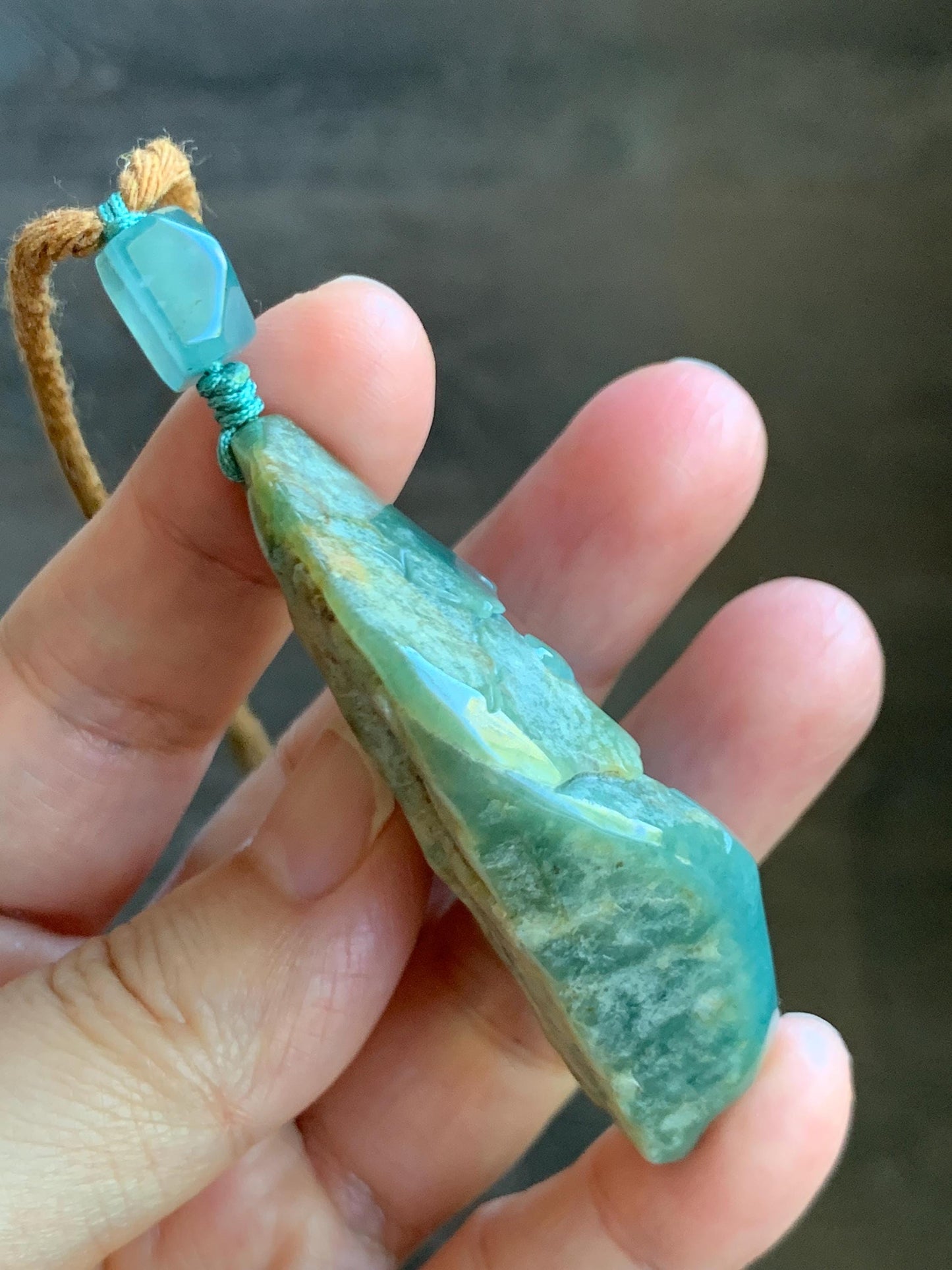 Natural Grade A Guatemalan Icy Dark Dusty Blue Jade Jadeite with Rind Carved Dragon Pendant Rope Necklace 26.5" 52g 天然危蓝翡翠龙破石皮壳料吊坠 PGL180L
