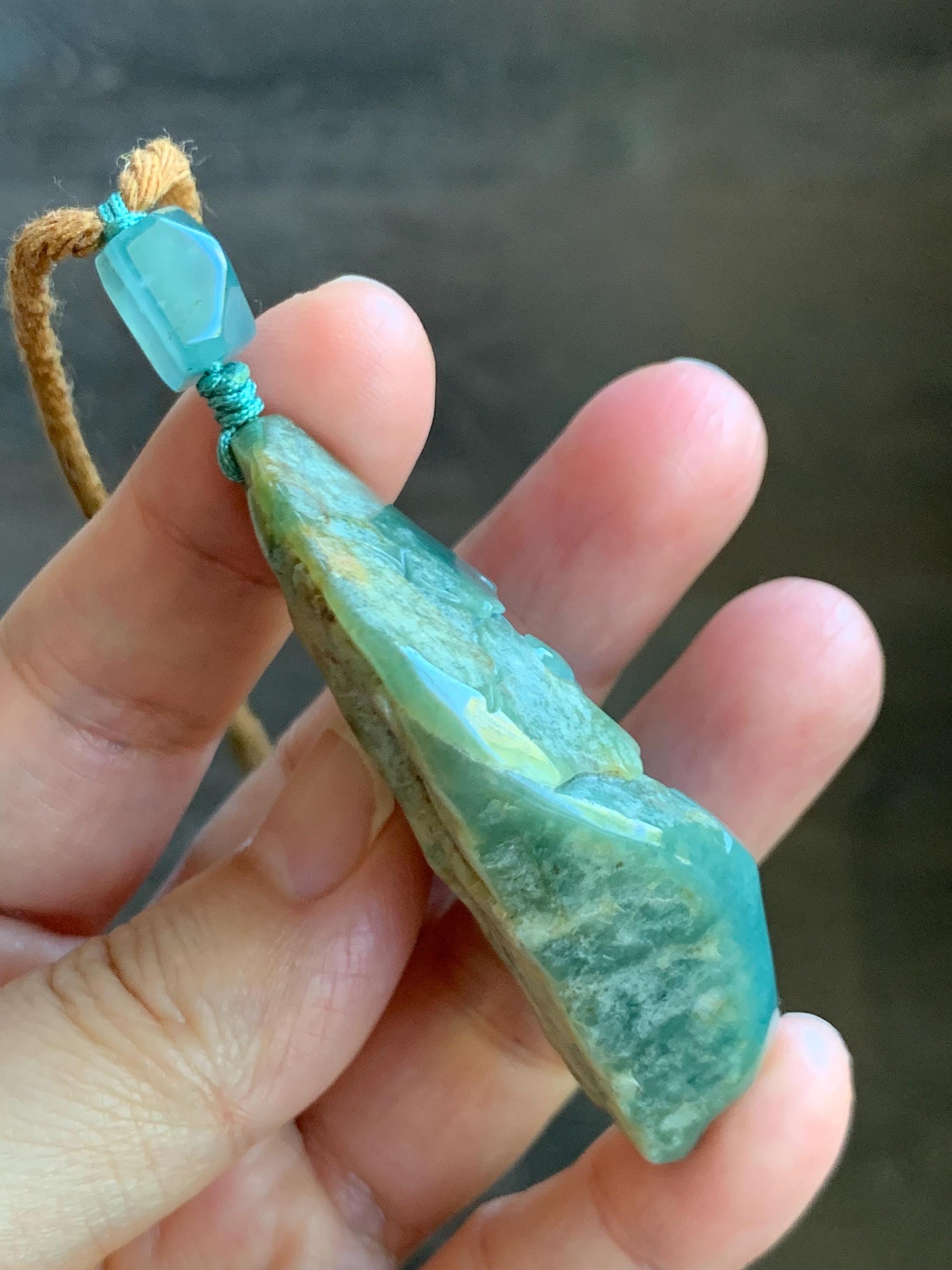 Natural Grade A Guatemalan Icy Dark Dusty Blue Jade Jadeite with Rind Carved Dragon Pendant Rope Necklace 26.5" 52g 天然危蓝翡翠龙破石皮壳料吊坠 PGL180L