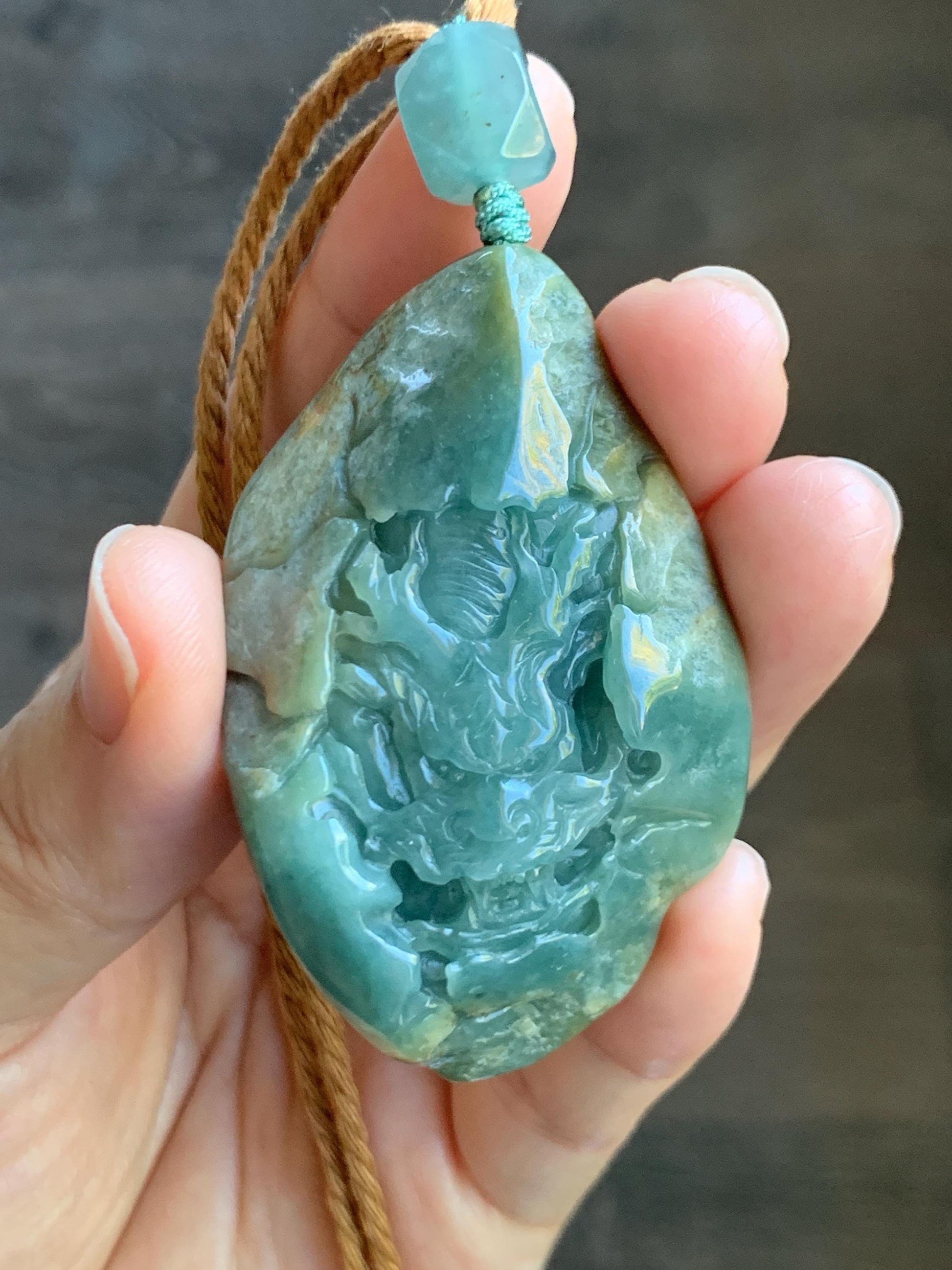 Natural Grade A Guatemalan Icy Dark Dusty Blue Jade Jadeite with Rind Carved Dragon Pendant Rope Necklace 26.5" 52g 天然危蓝翡翠龙破石皮壳料吊坠 PGL180L