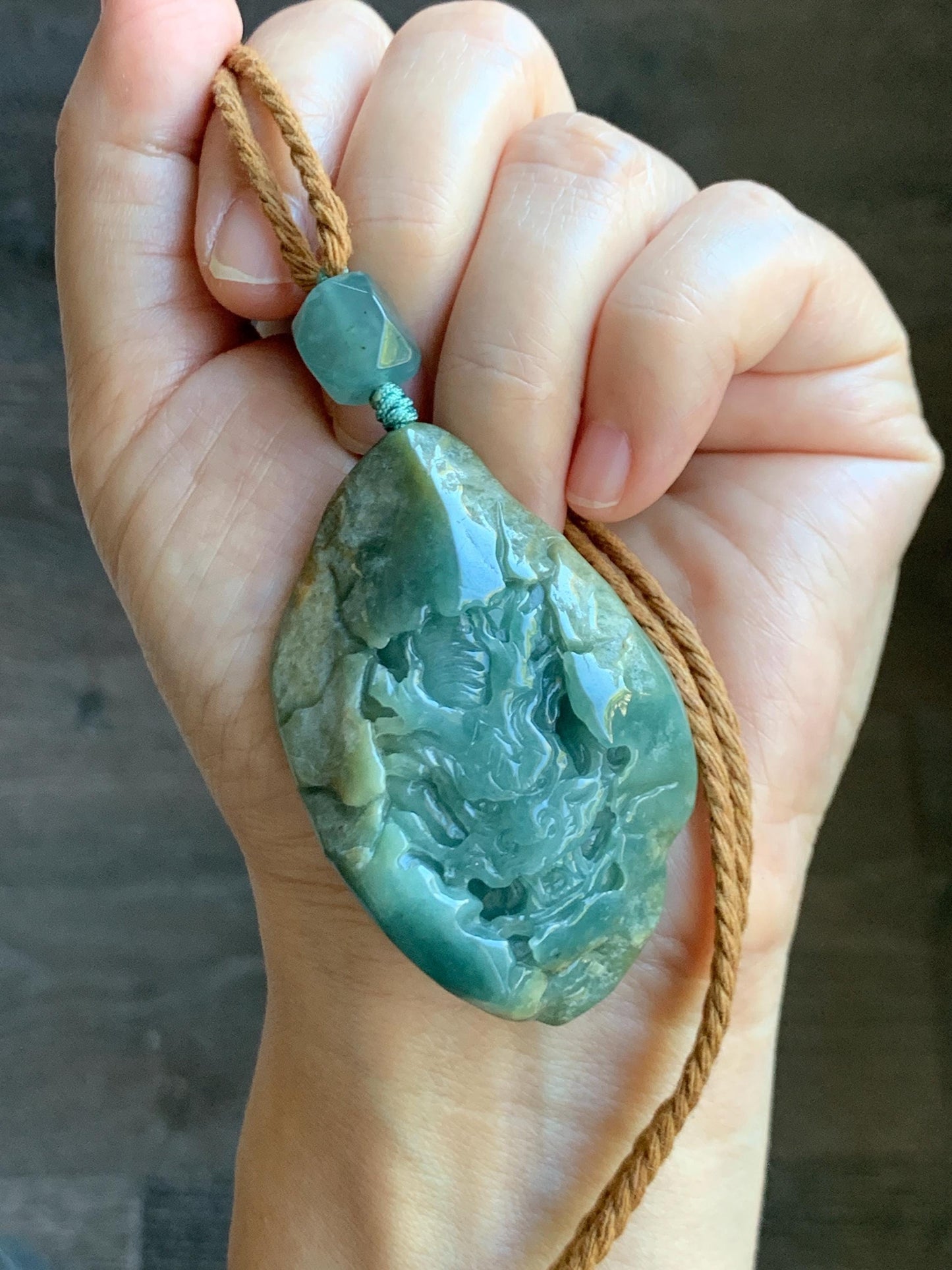 Natural Grade A Guatemalan Icy Dark Dusty Blue Jade Jadeite with Rind Carved Dragon Pendant Rope Necklace 26.5" 52g 天然危蓝翡翠龙破石皮壳料吊坠 PGL180L
