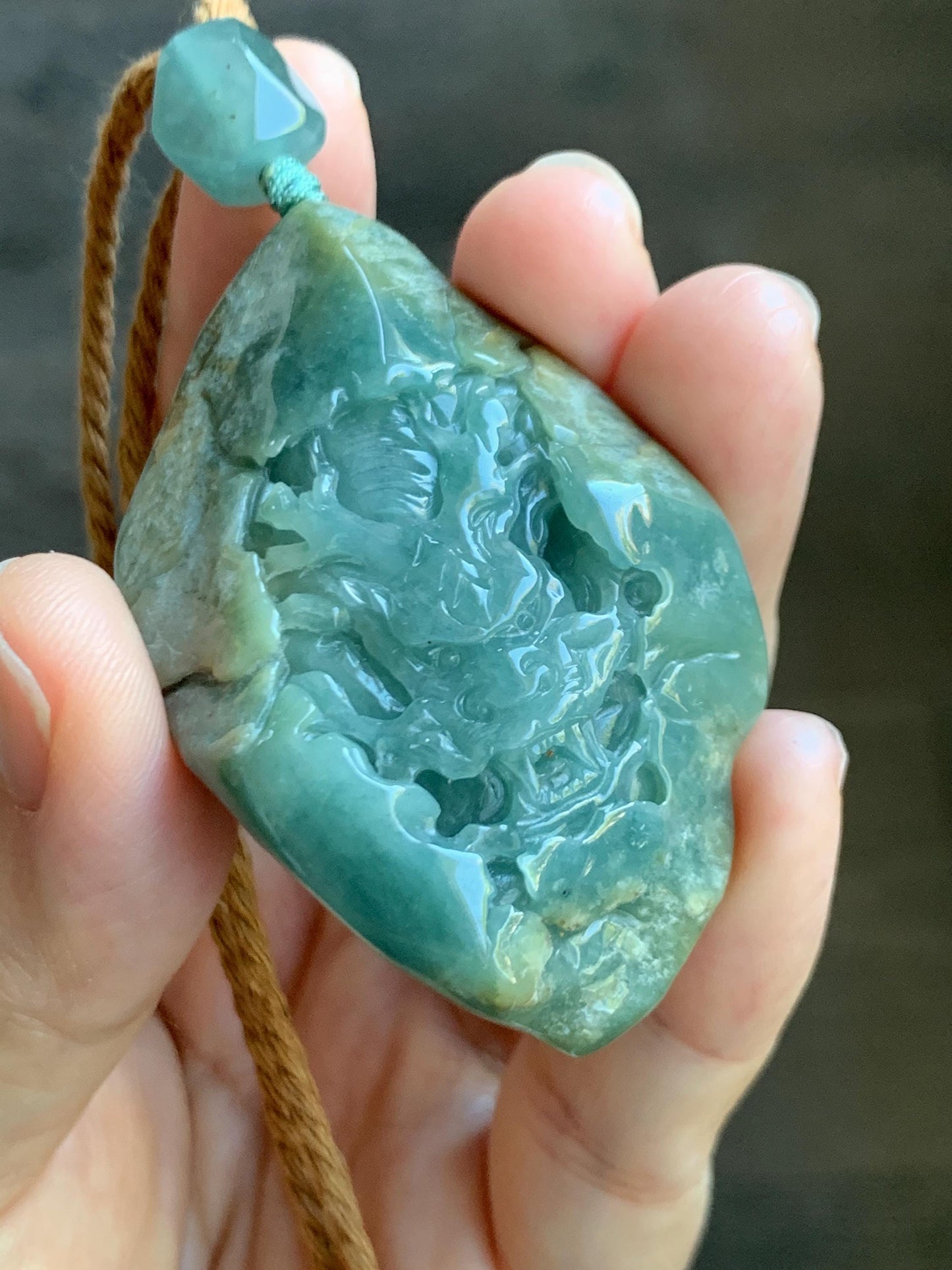 Natural Grade A Guatemalan Icy Dark Dusty Blue Jade Jadeite with Rind Carved Dragon Pendant Rope Necklace 26.5" 52g 天然危蓝翡翠龙破石皮壳料吊坠 PGL180L