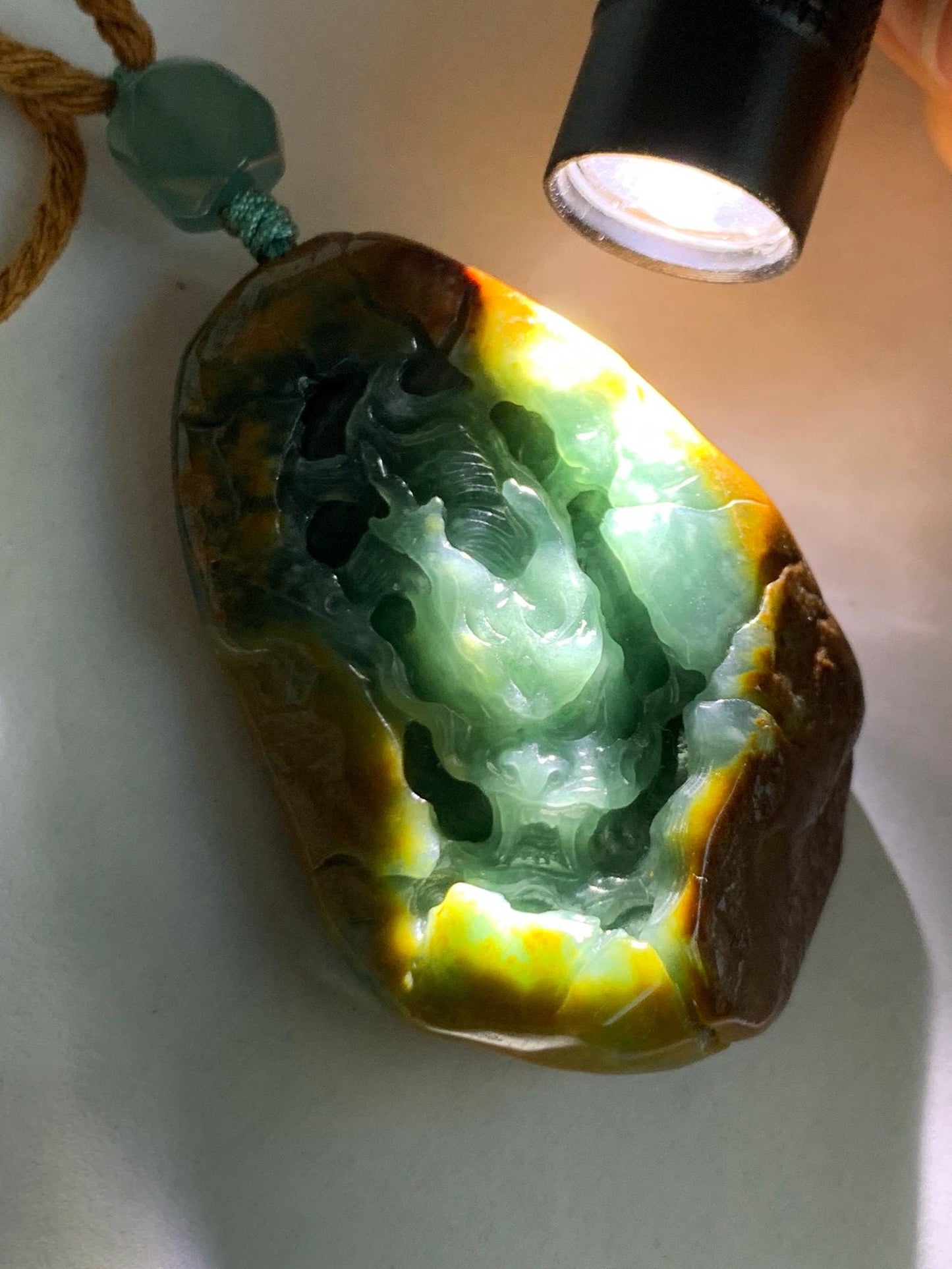 Natural Grade A Guatemalan Icy Dark Teal Blue Jade Jadeite with Brown Rind Carved Dragon Pendant Rope Necklace 26.5" 天然危蓝翡翠龙破石皮壳料吊坠PGL180H