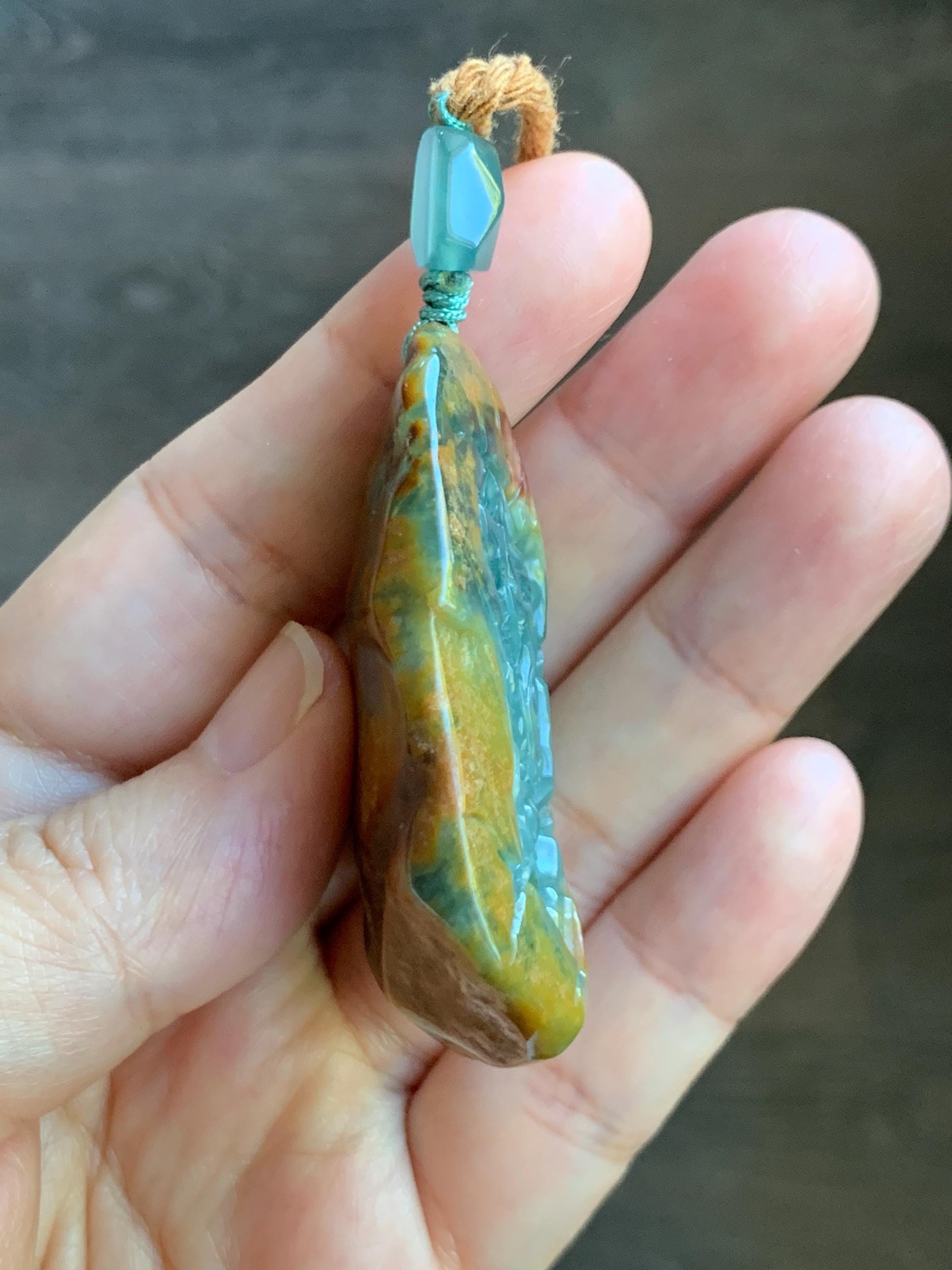 Natural Grade A Guatemalan Icy Dark Teal Blue Jade Jadeite with Brown Rind Carved Dragon Pendant Rope Necklace 26.5" 天然危蓝翡翠龙破石皮壳料吊坠PGL180H