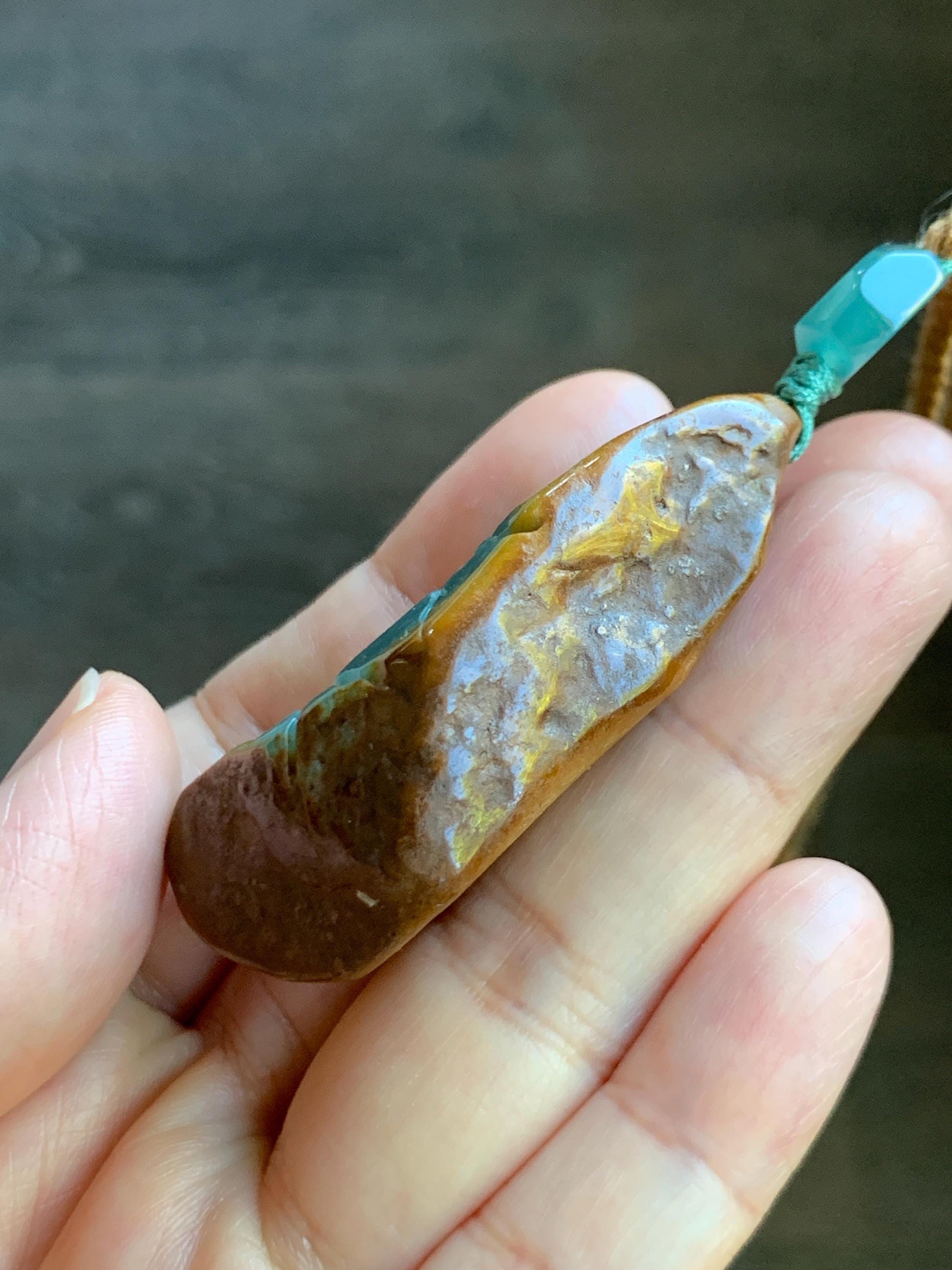 Natural Grade A Guatemalan Icy Dark Teal Blue Jade Jadeite with Brown Rind Carved Dragon Pendant Rope Necklace 26.5" 天然危蓝翡翠龙破石皮壳料吊坠PGL180H