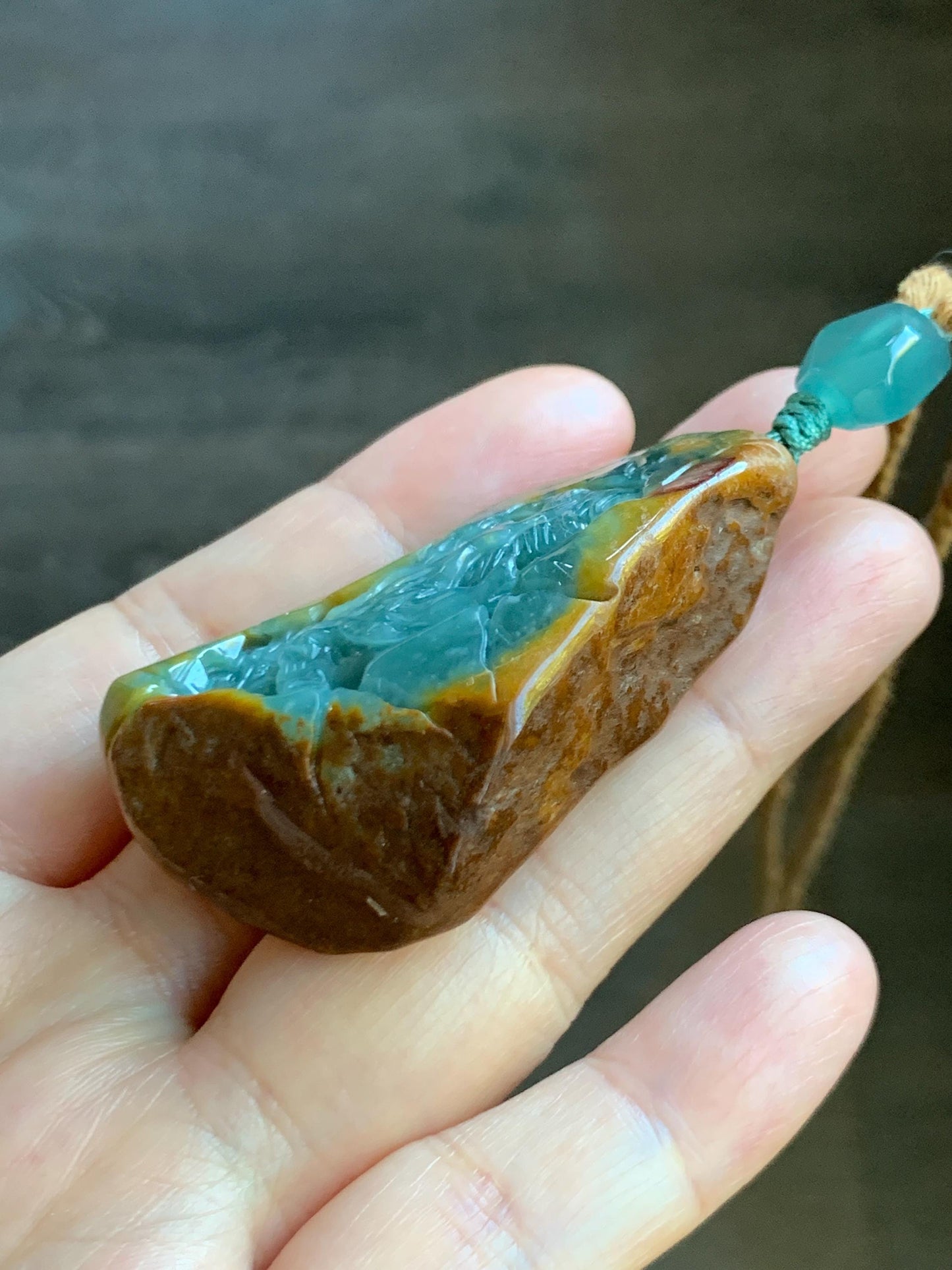 Natural Grade A Guatemalan Icy Dark Teal Blue Jade Jadeite with Brown Rind Carved Dragon Pendant Rope Necklace 26.5" 天然危蓝翡翠龙破石皮壳料吊坠PGL180H