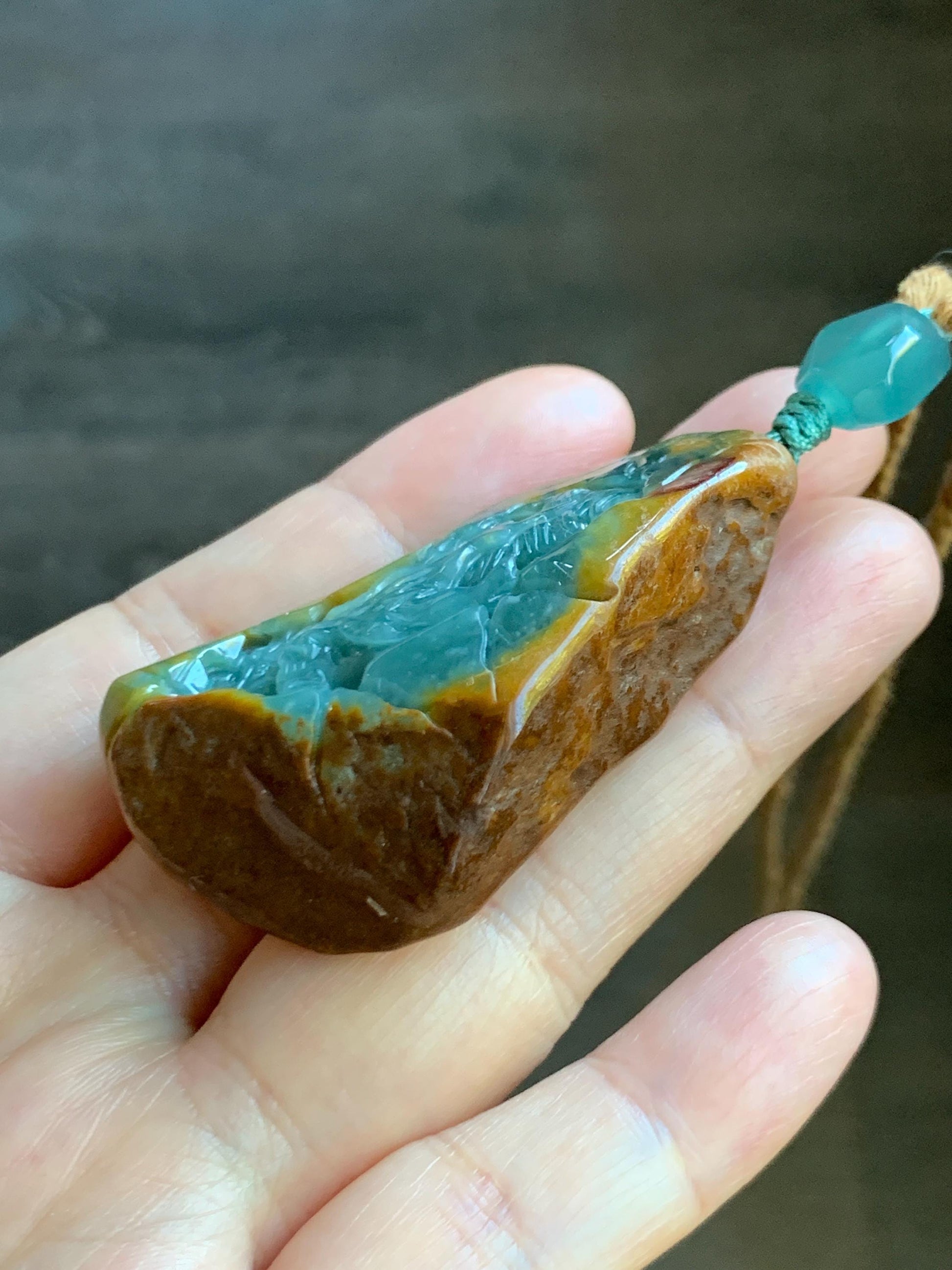 Natural Grade A Guatemalan Icy Dark Teal Blue Jade Jadeite with Brown Rind Carved Dragon Pendant Rope Necklace 26.5" 天然危蓝翡翠龙破石皮壳料吊坠PGL180H