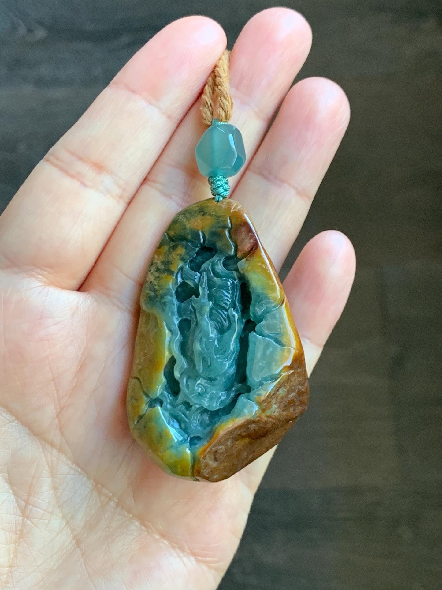 Natural Grade A Guatemalan Icy Dark Teal Blue Jade Jadeite with Brown Rind Carved Dragon Pendant Rope Necklace 26.5" 天然危蓝翡翠龙破石皮壳料吊坠PGL180H