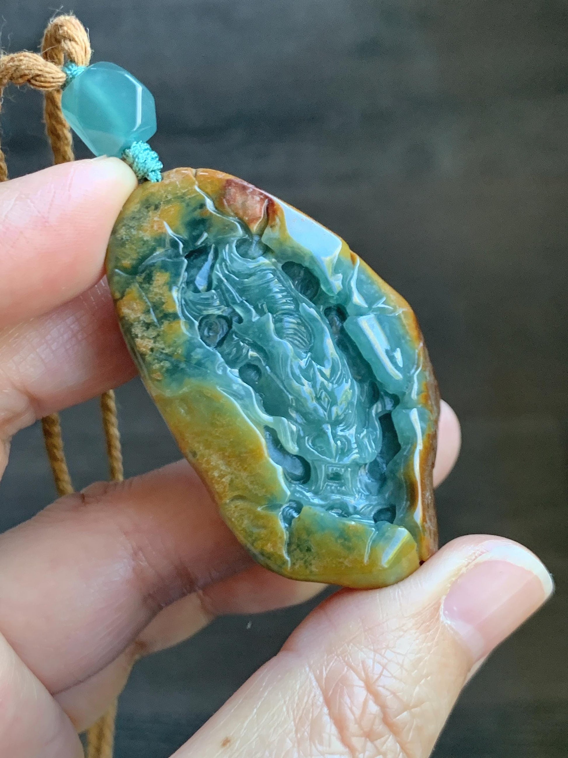 Natural Grade A Guatemalan Icy Dark Teal Blue Jade Jadeite with Brown Rind Carved Dragon Pendant Rope Necklace 26.5" 天然危蓝翡翠龙破石皮壳料吊坠PGL180H
