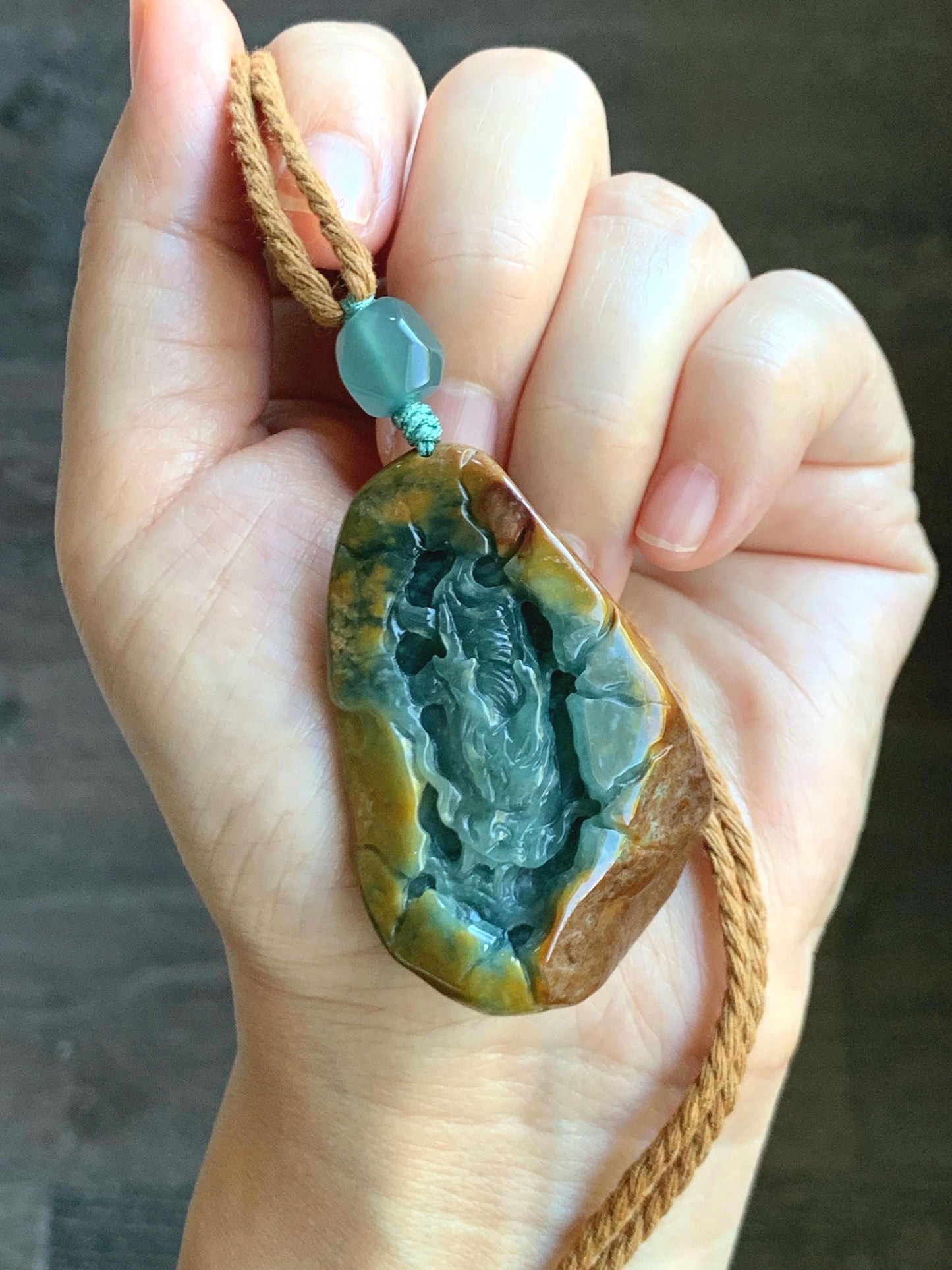 Natural Grade A Guatemalan Icy Dark Teal Blue Jade Jadeite with Brown Rind Carved Dragon Pendant Rope Necklace 26.5" 天然危蓝翡翠龙破石皮壳料吊坠PGL180H