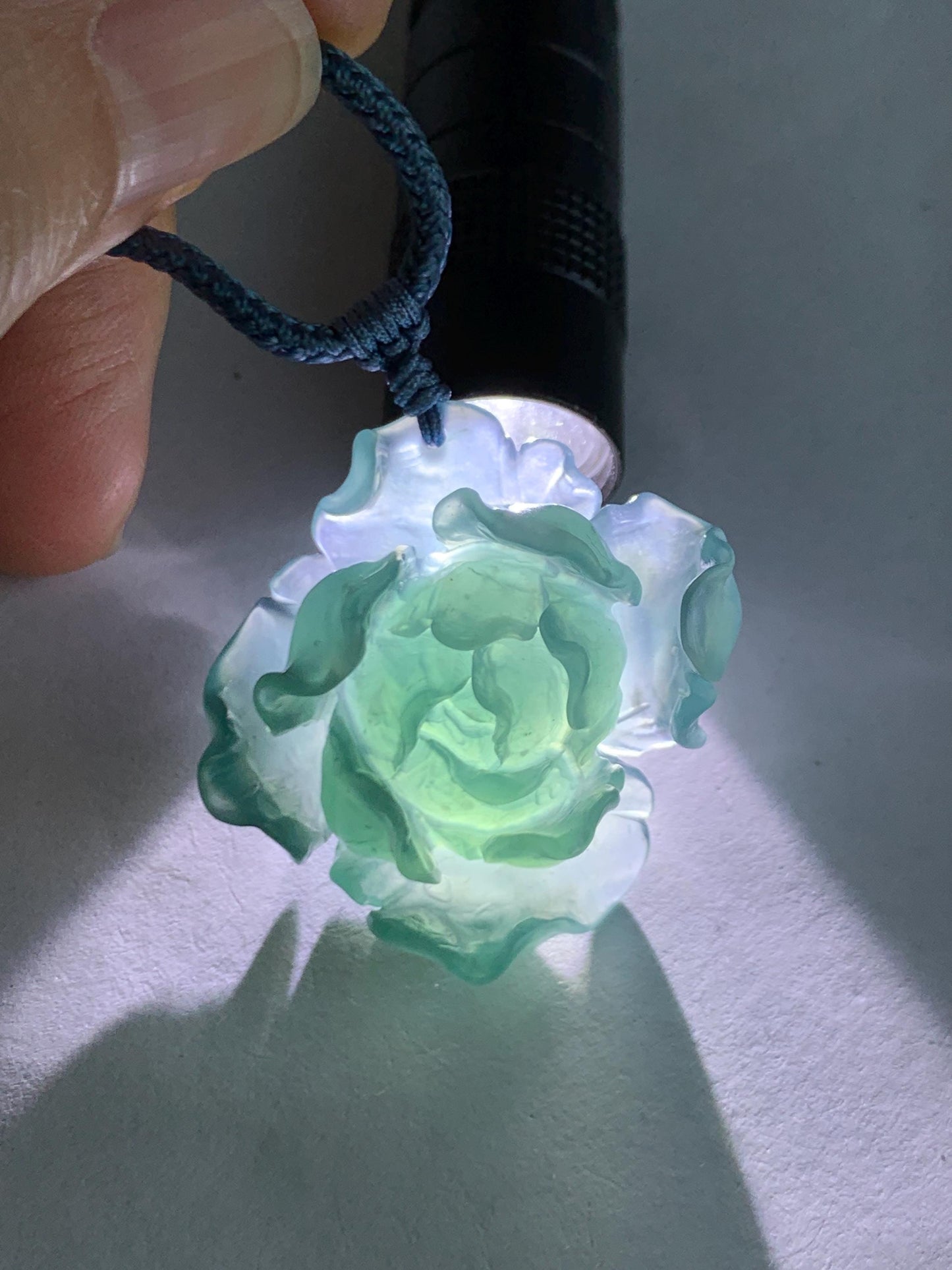 Natural Grade A Guatemalan Icy Highly Translucent Dark Aegean Blue Jade Jadeite Peony Flower Pendant Rope Necklace 25” 天然冰危深蓝翡翠牡丹花吊坠挂件NZL271