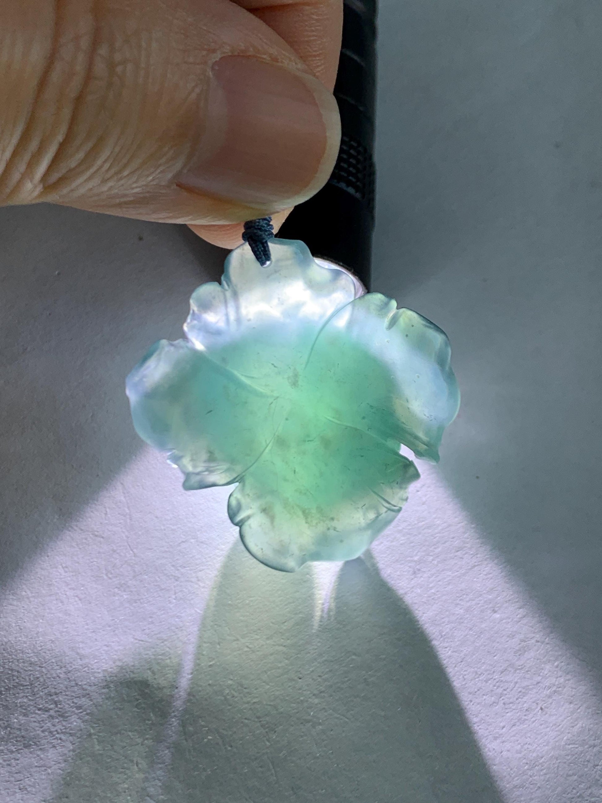 Natural Grade A Guatemalan Icy Highly Translucent Dark Aegean Blue Jade Jadeite Peony Flower Pendant Rope Necklace 25” 天然冰危深蓝翡翠牡丹花吊坠挂件NZL271